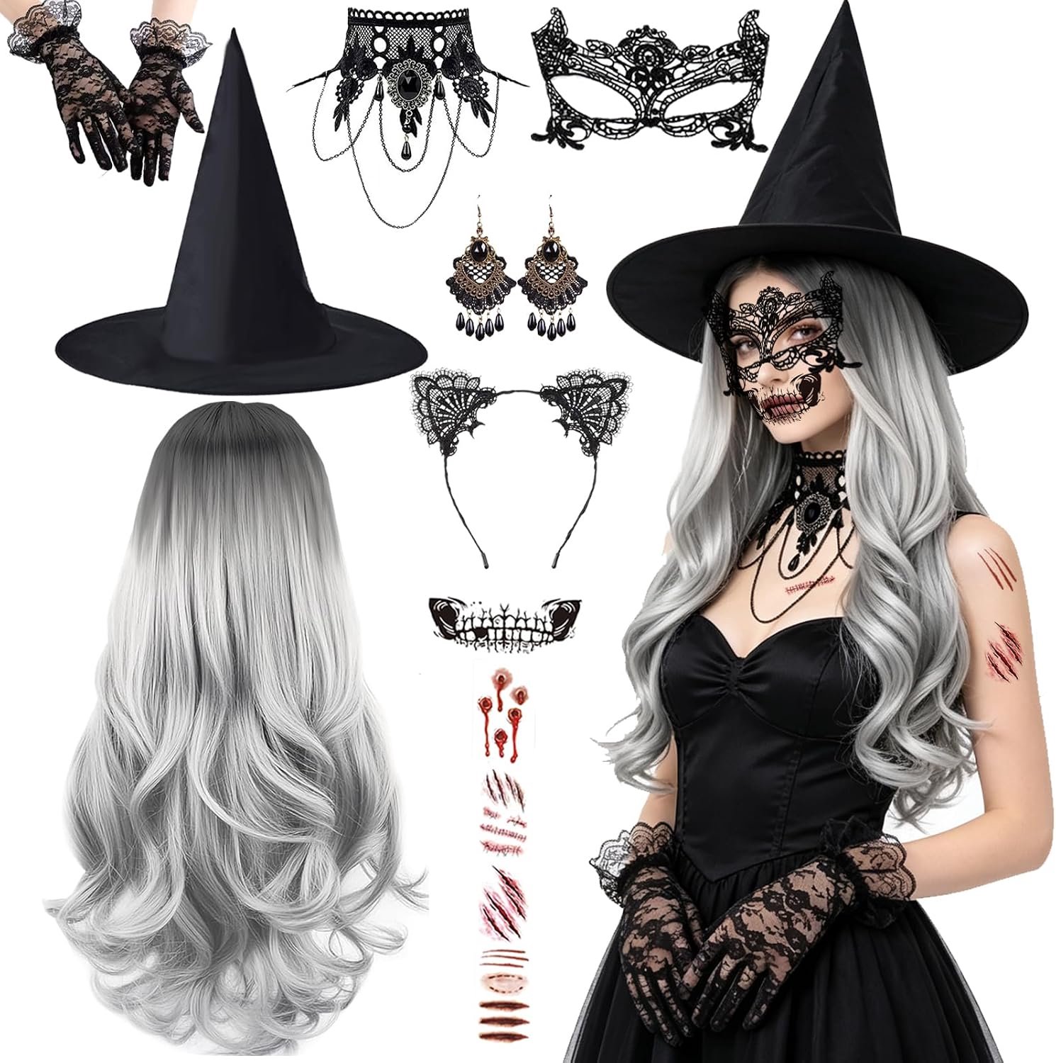 15 stuks pruiken Halloween dames set, grijze golvende heksenpruik