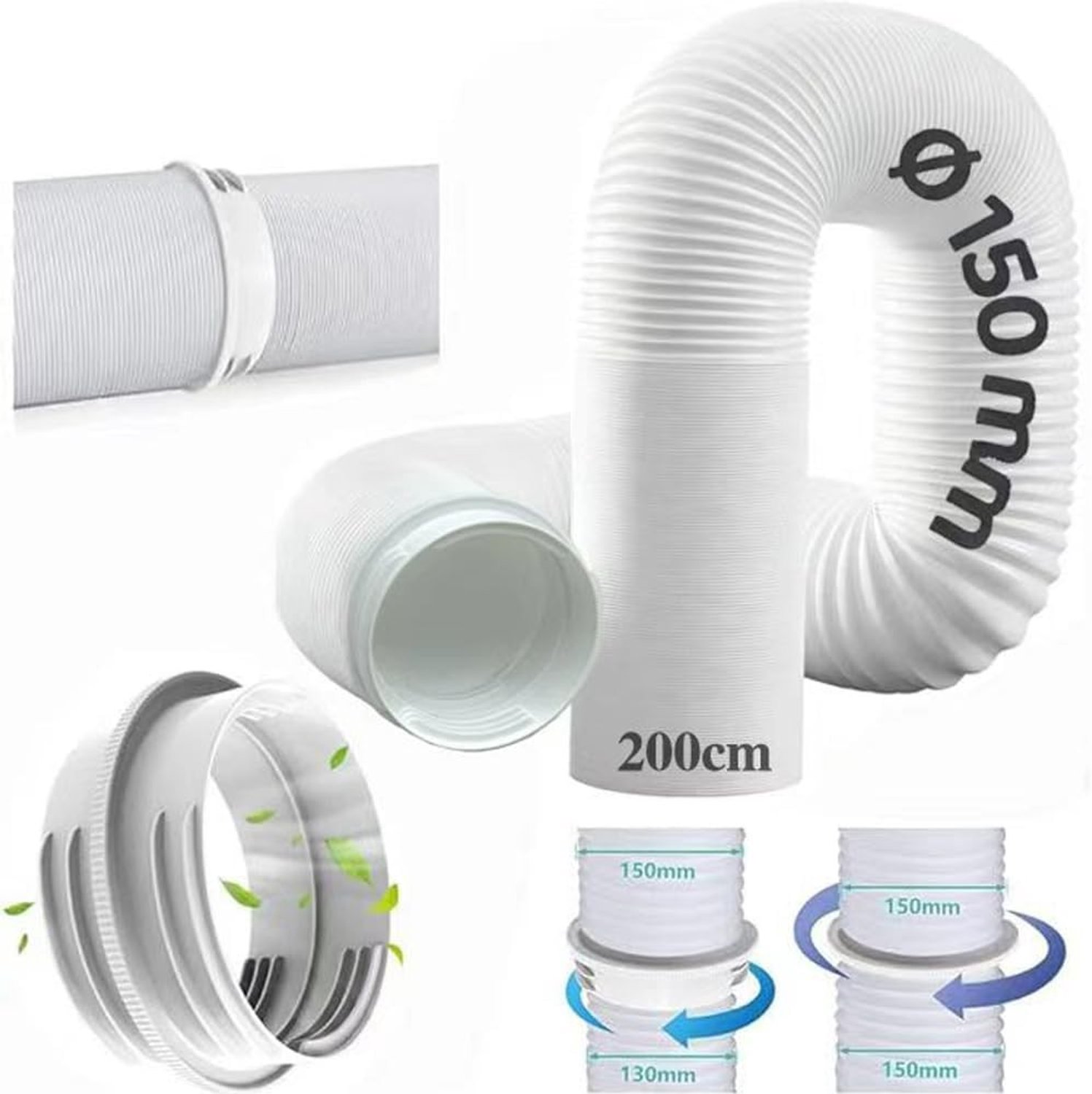 Verlengslang voor Airconditioning 200 cm met Adapter 130 mm Binnen/150 mm Buiten, Afvoerslang en Installatieslang voor Airco Systemen