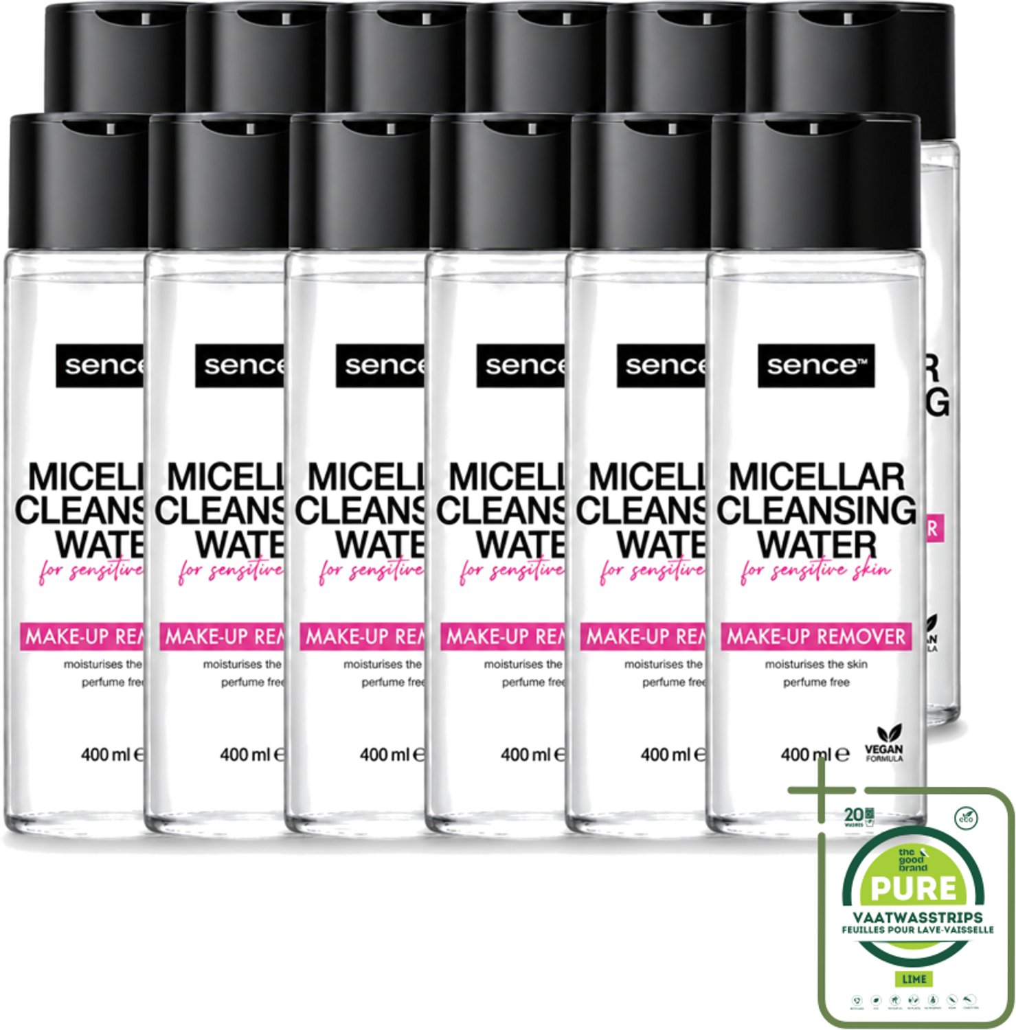 12 x Sence - Gevoelige Huid - Micellair Water - Make-up Remover - 400 ml - Grootverpakking - Vaatwasstrips - Gevoelige Huid - Make-up Verwijderen - Micellair Water - Hypoallergen - Parfumvrij