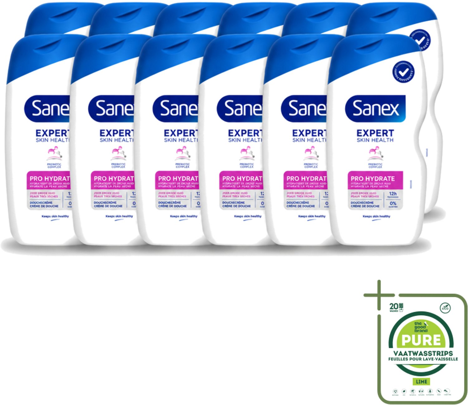 12 x Sanex - Douchegel - Expert Skin Health Pro Hydrate - Verzorgt de Droge Huid - 400 ml - Grootverpakking - Vaatwasstrips - Droge Huid - Hydratatie - Douchegel - Huidverzorging - Glycerine