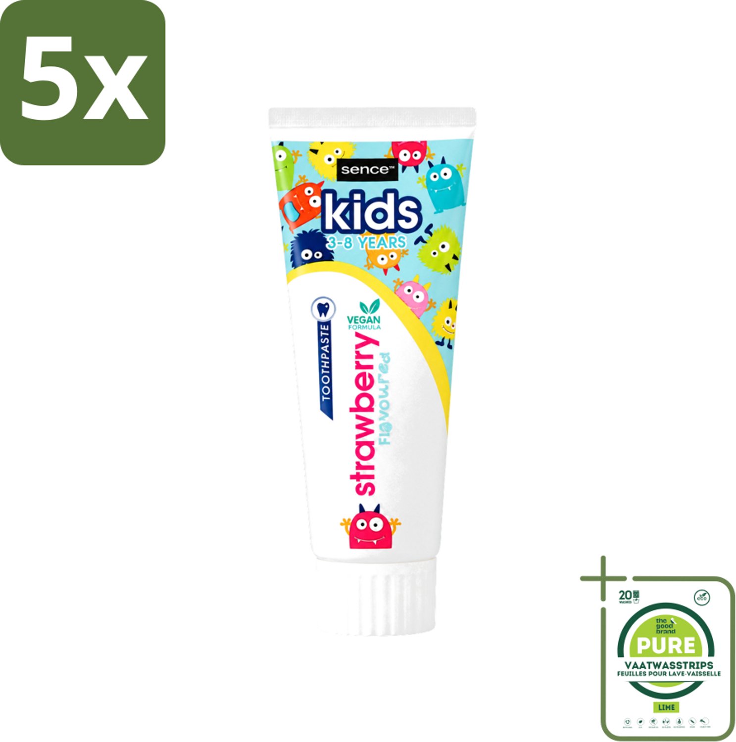 5 x Sence - Kids 3-8 Jaar - Tandpasta - Aardbei Smaak - Vegan - 75 ml - Grootverpakking - Vaatwasstrips - Tandpasta Voor Kinderen - Kindertandpasta - Aardbei Tandpasta - Vegan Tandpasta - Tandenpoetsen Voor Kinderen