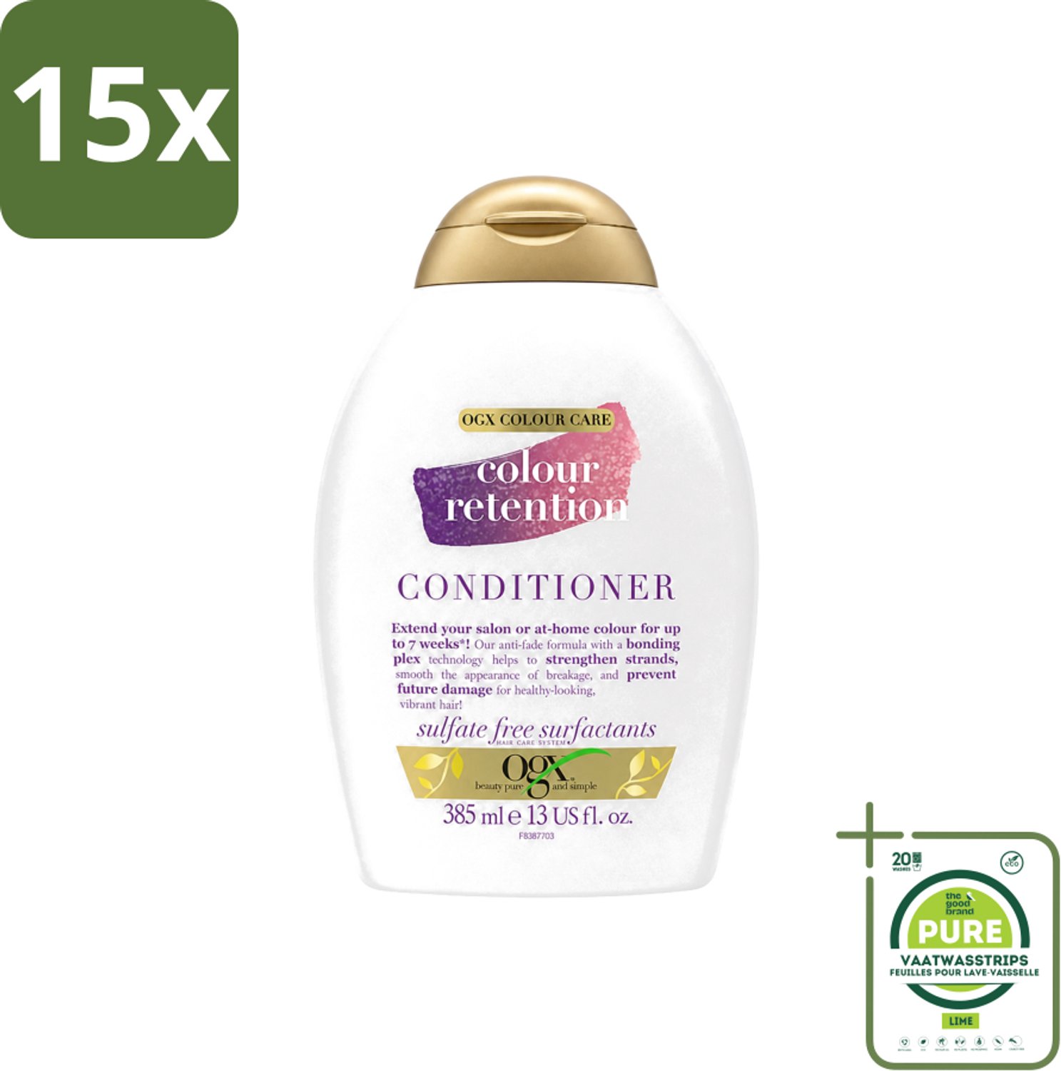 15 x OGX - Colour Retention - Conditioner - Voor Gekleurd Haar - 385 ml - Grootverpakking - Vaatwasstrips - Kleurbehoud - Haarkleur - Haarkleur Behoud - Haarkleur Beschermen - Haarkleur Verzegelen