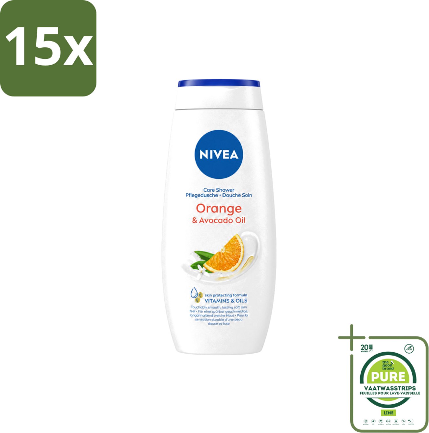 15 x Nivea - Douchegel - Orange - Voelbaar Gladde Huid - 250 ml - Grootverpakking - Vaatwasstrips - Douchegel - Huid Verzorgen - Bamboemelk - Sinaasappelgeur - Voedende Douchegel