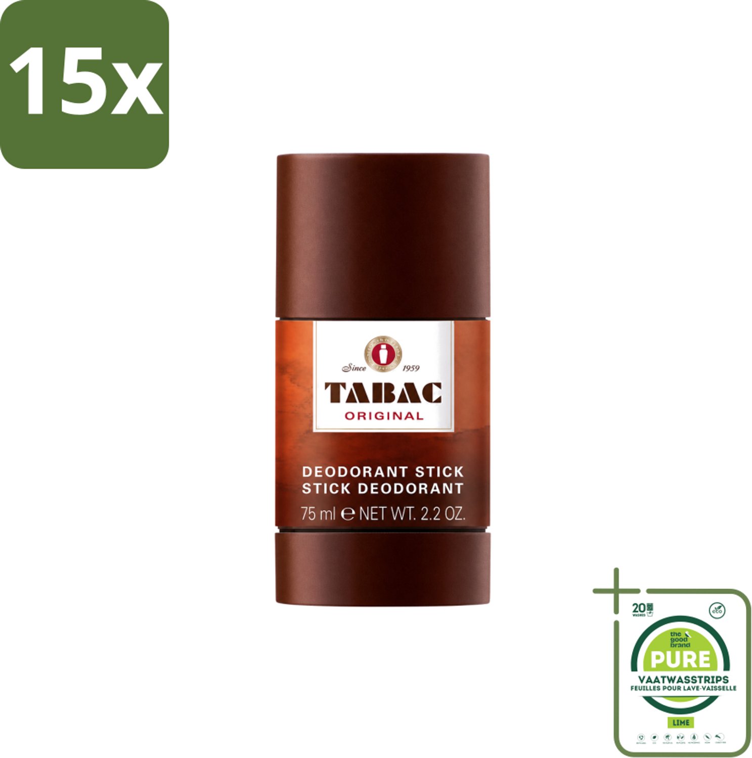15 x Tabac Original - Deodorant Stick - Langdurige frisheid - 75 ml - Grootverpakking - Vaatwasstrips - Deodorant Stok - Zweetvervoeging - Geur - Mannelijke Geur - Frisheid