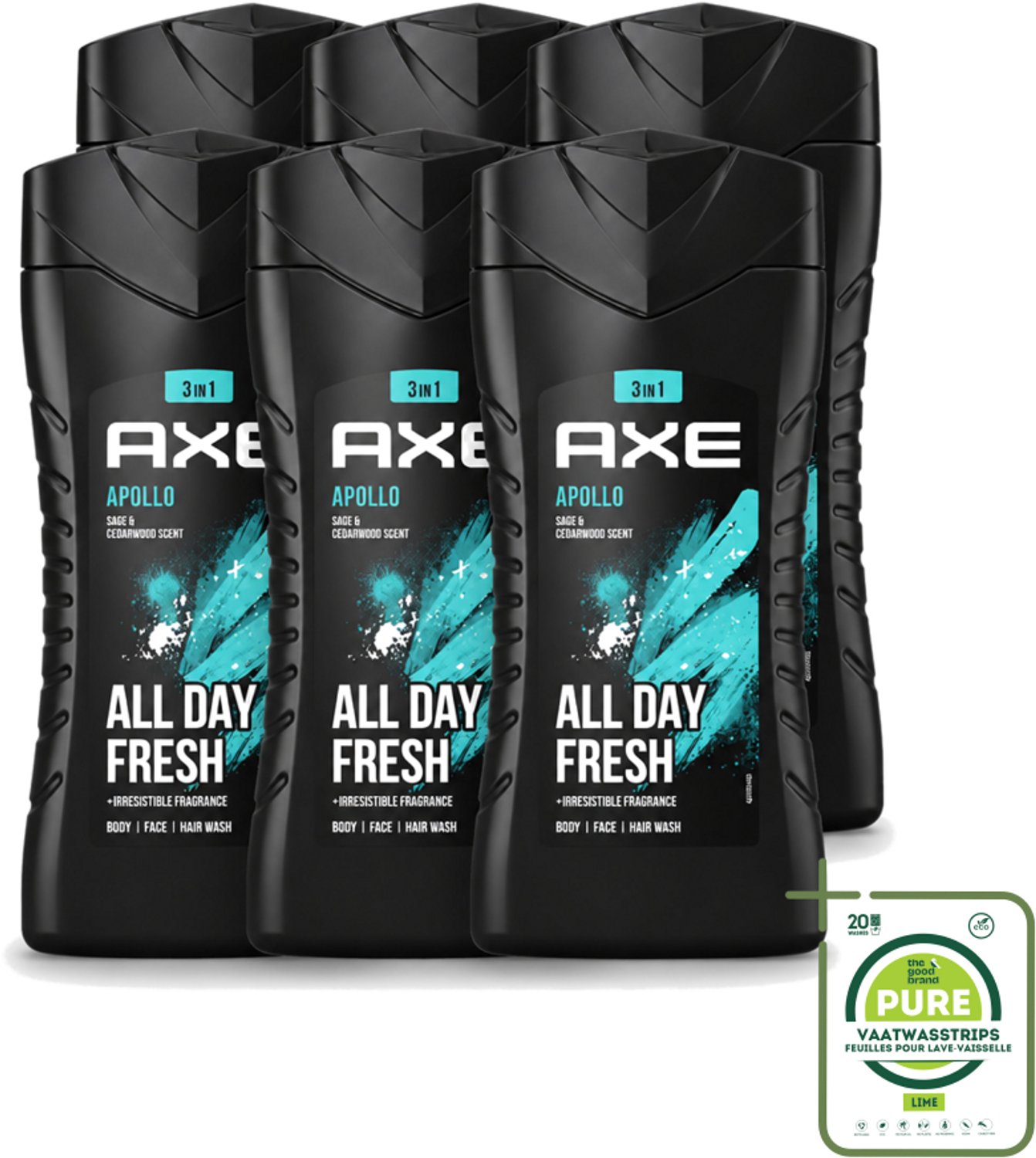 6 x Axe - 3-in-1 Douchegel - Apollo - Sage & Cedarwood - 250 ml - Grootverpakking - Vaatwasstrips - Douchegel - Mannelijke Geur - 3-in-1 - Cederhout - Groen Fruit