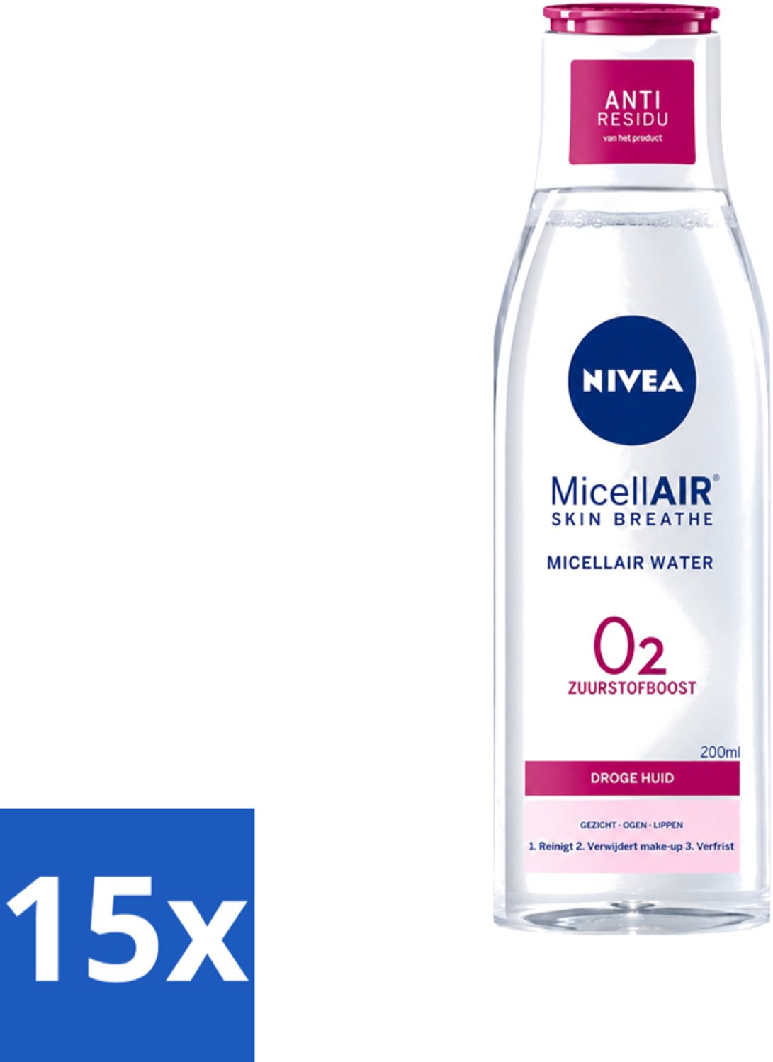 15 x Nivea - O2 Zuurstofboost Micellair Water - Droge Huid - 200 ml - Voordeelverpakking - 15 stuks