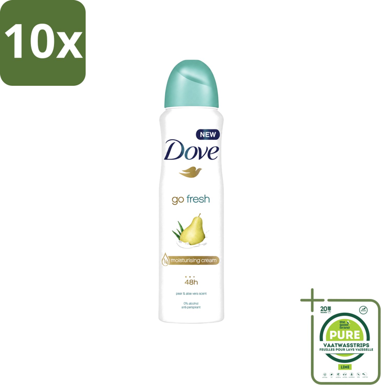 10 x Dove - Deodorant - Spray Go Fresh Pear & Aloe - Frisse en verzorgende geur - 250 ml - Grootverpakking - Vaatwasstrips - Dove Deodorant Spray - Go Fresh Pear - Aloe Vera - Frisheid - Okselverzorging