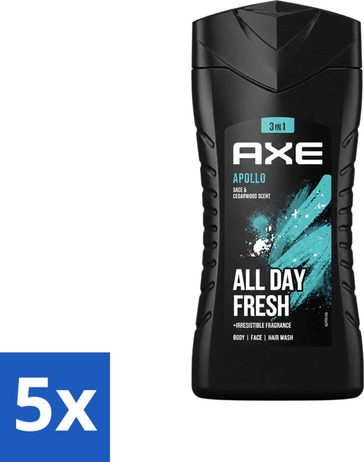 5 x Axe - 3-in-1 Douchegel - Apollo - Sage & Cedarwood - 250 ml - Voordeelverpakking - 5 stuks