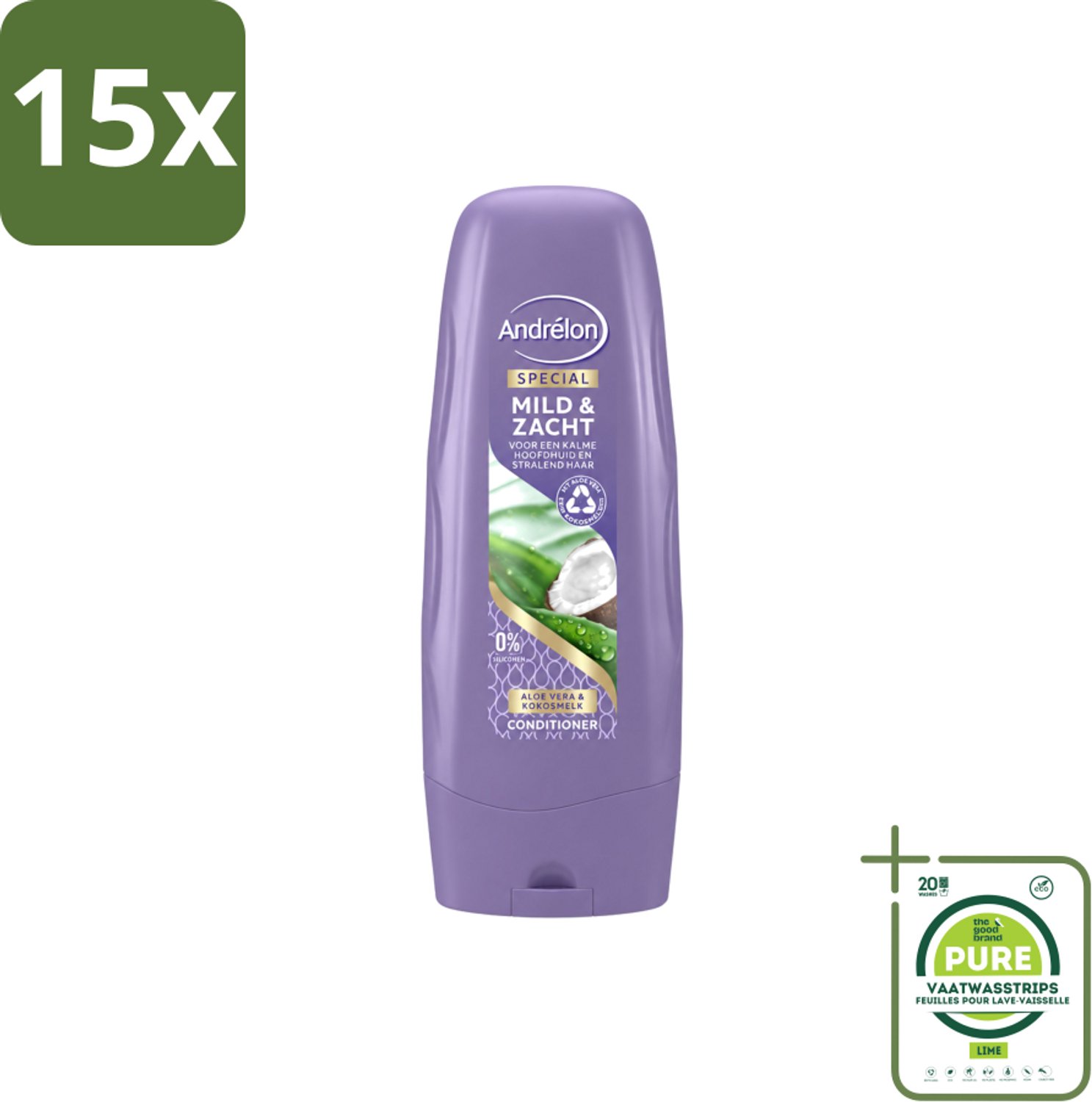 15 x Andrélon - Mild & Zacht - Conditioner - Voor Gevoelige Hoofdhuid - 300 ml - Grootverpakking - Vaatwasstrips - Gevoelige Hoofdhuid - Droge Hoofdhuid - Mild Haarverzorging - Zachte Haar - Glanzend Haar