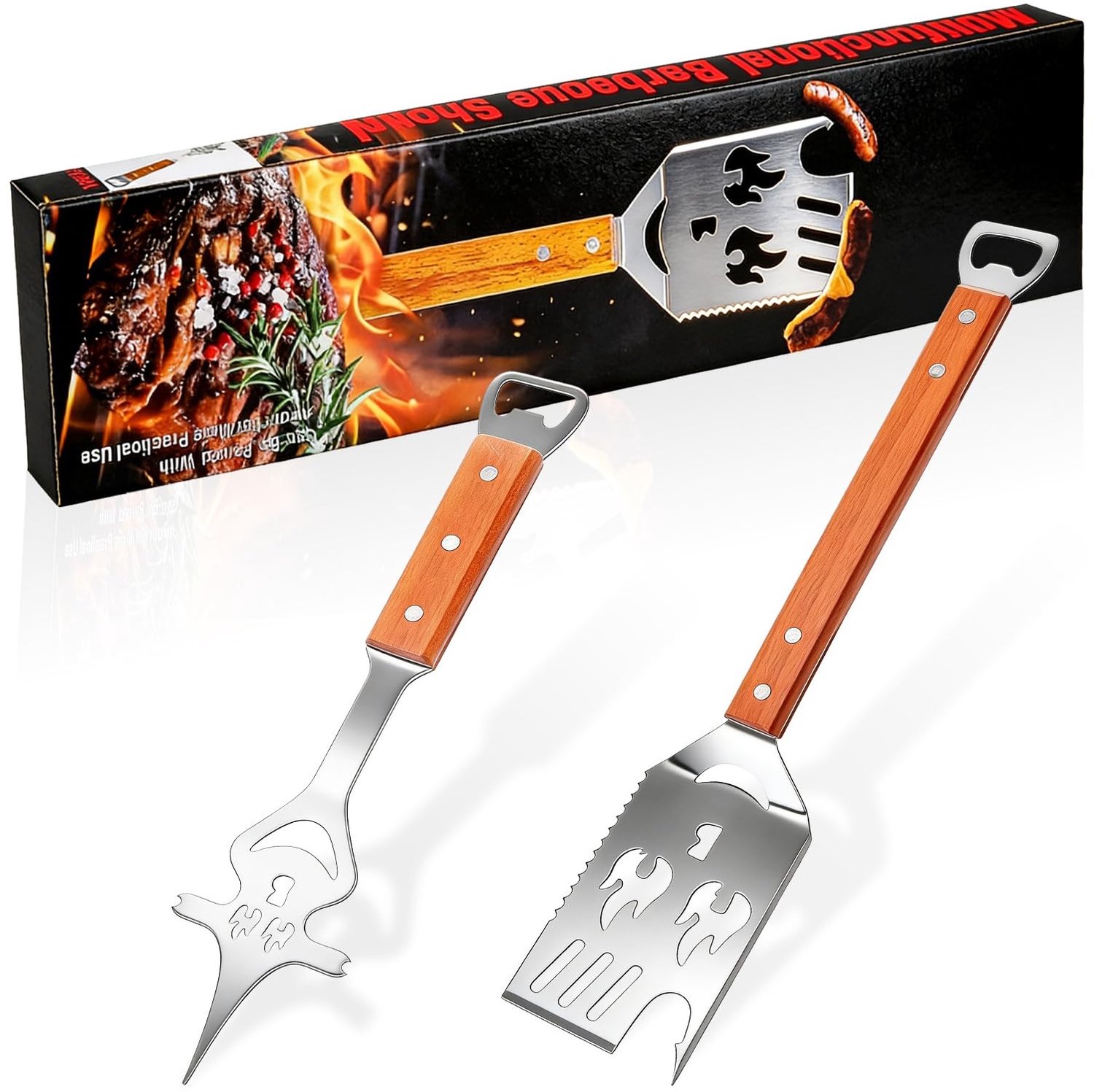 2-in-1 RVS Grillspatel Set met Houten Handvat