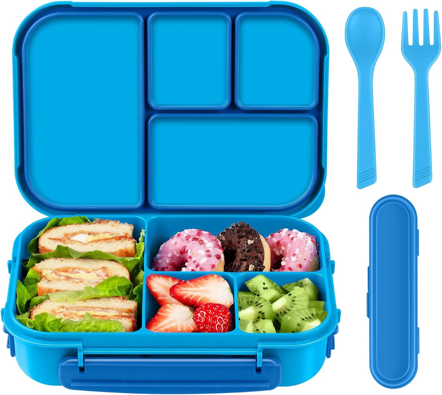 Lunch Box Adults/Kids,Bento Box Kids,1200ML-4 vakken Lekvrij Lunchbox met Keukengerei,Lunchbox Voor Volwassenen,Lunch Container,Snackbox Sandwichbox,Herbruikbaar (Blauw)