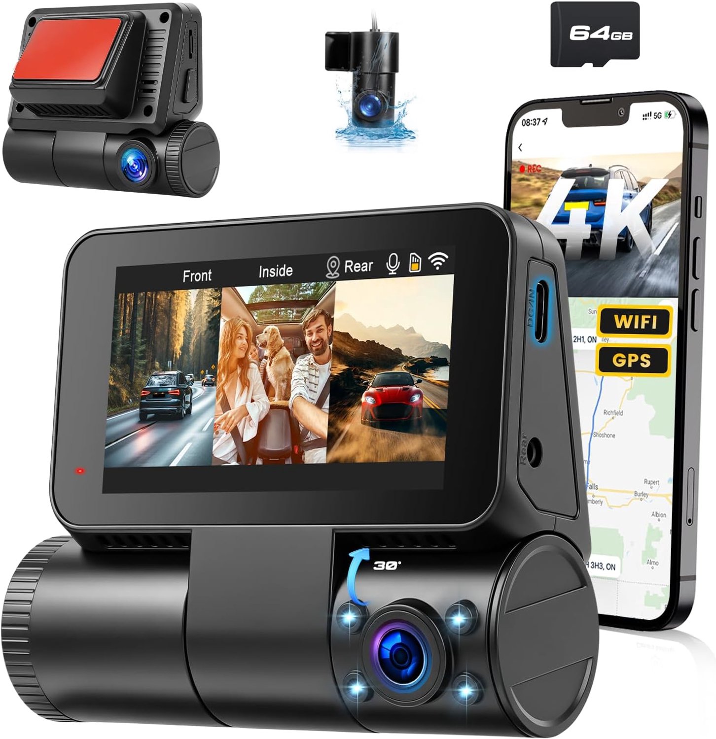 4K 3-kanaals dashcam, GPS, ADAS, 5G WiFi, touchscreen, 64GB kaart