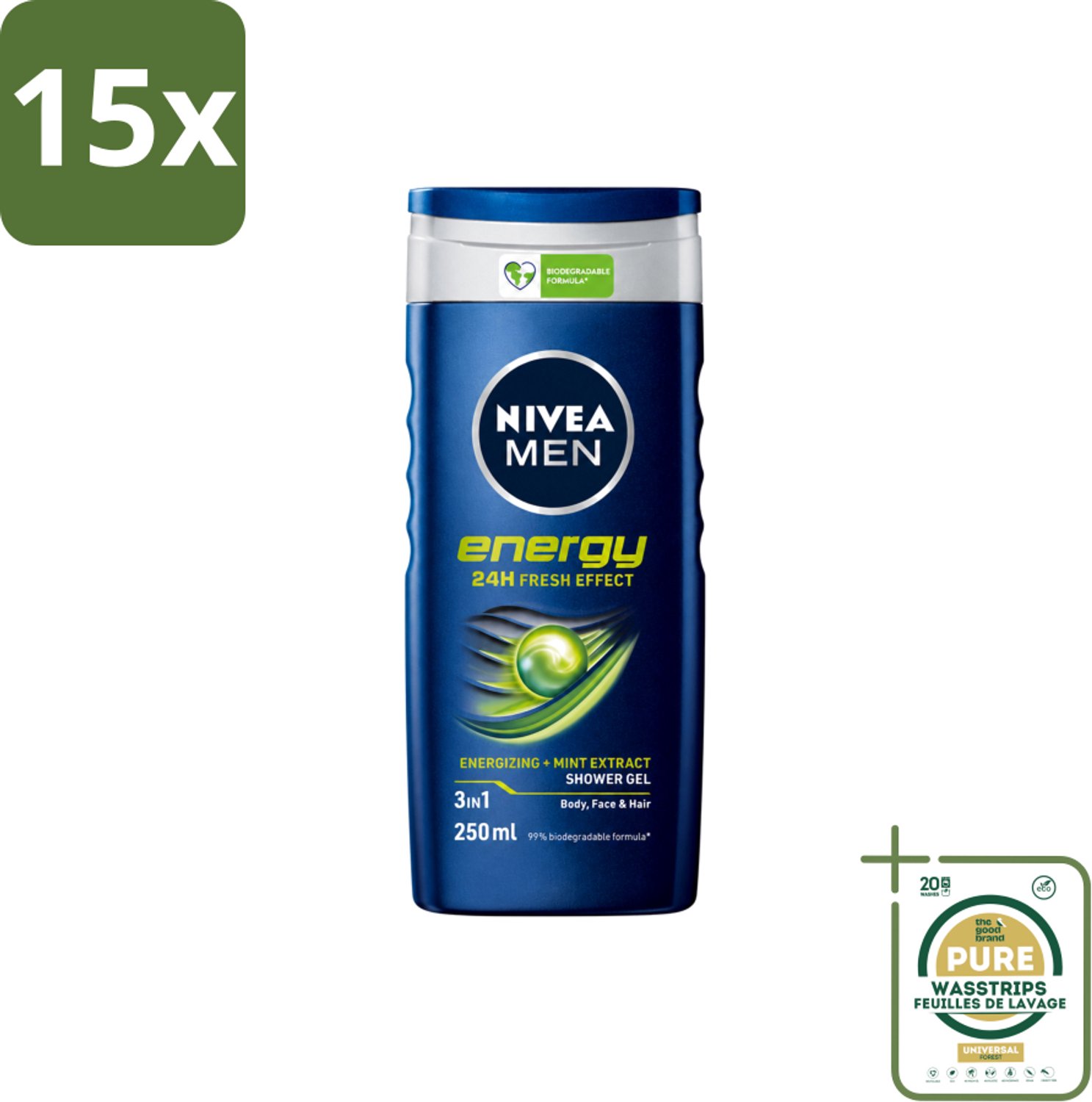 15 x Nivea - Men - Energy Douchegel - Langdurig Fris Gevoel - 250 ml - Wasstrips - Douchegel Voor Mannen - 2 In 1 Douchegel - Energieboost - Fris Gevoel - Mintextract