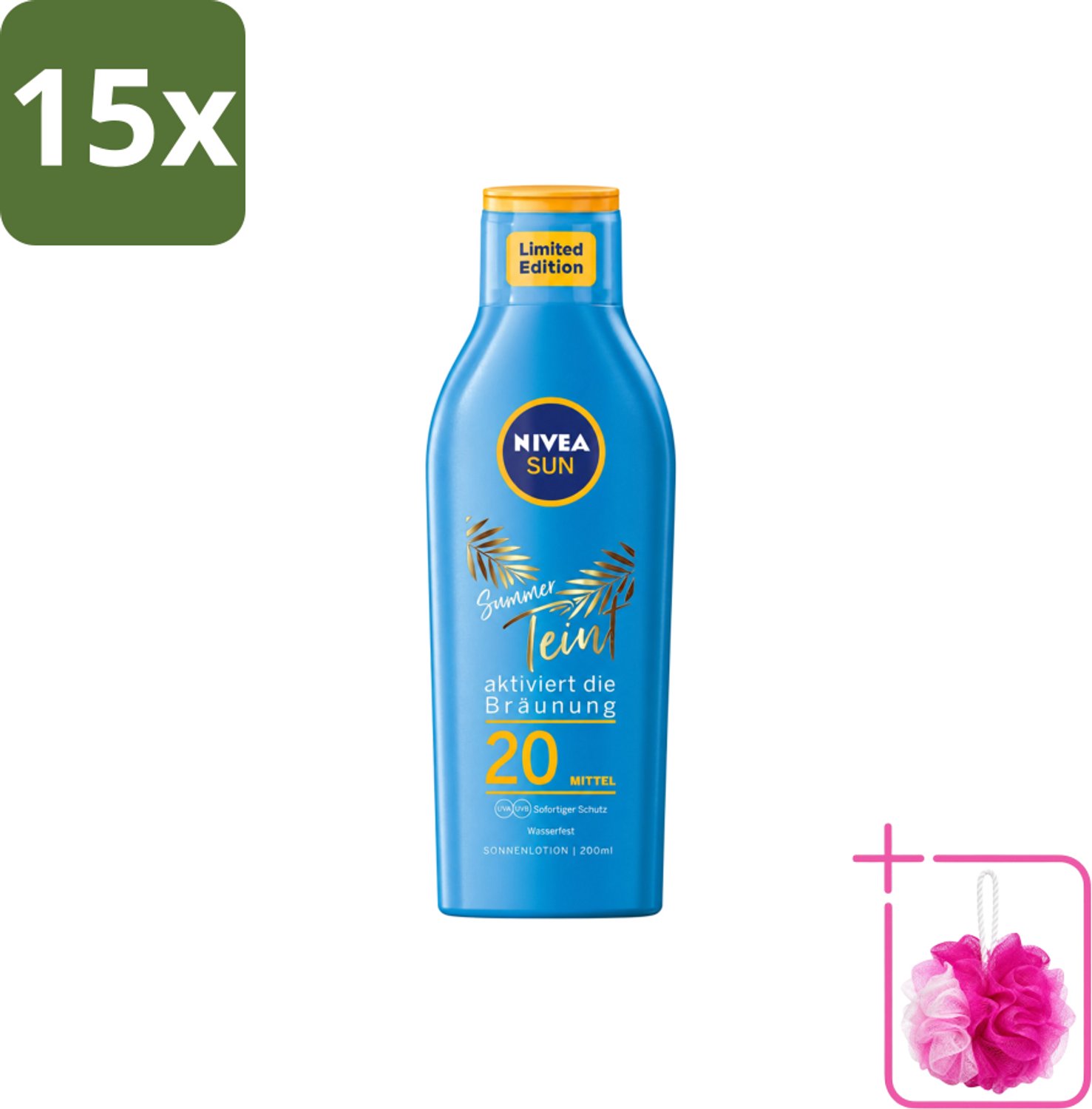 15 x Nivea Sun – Zonnemelk – Zomerteint SPF 20 – 200 ml - Bulkverpakking - Zonbescherming - Douchemop - Zomerteint