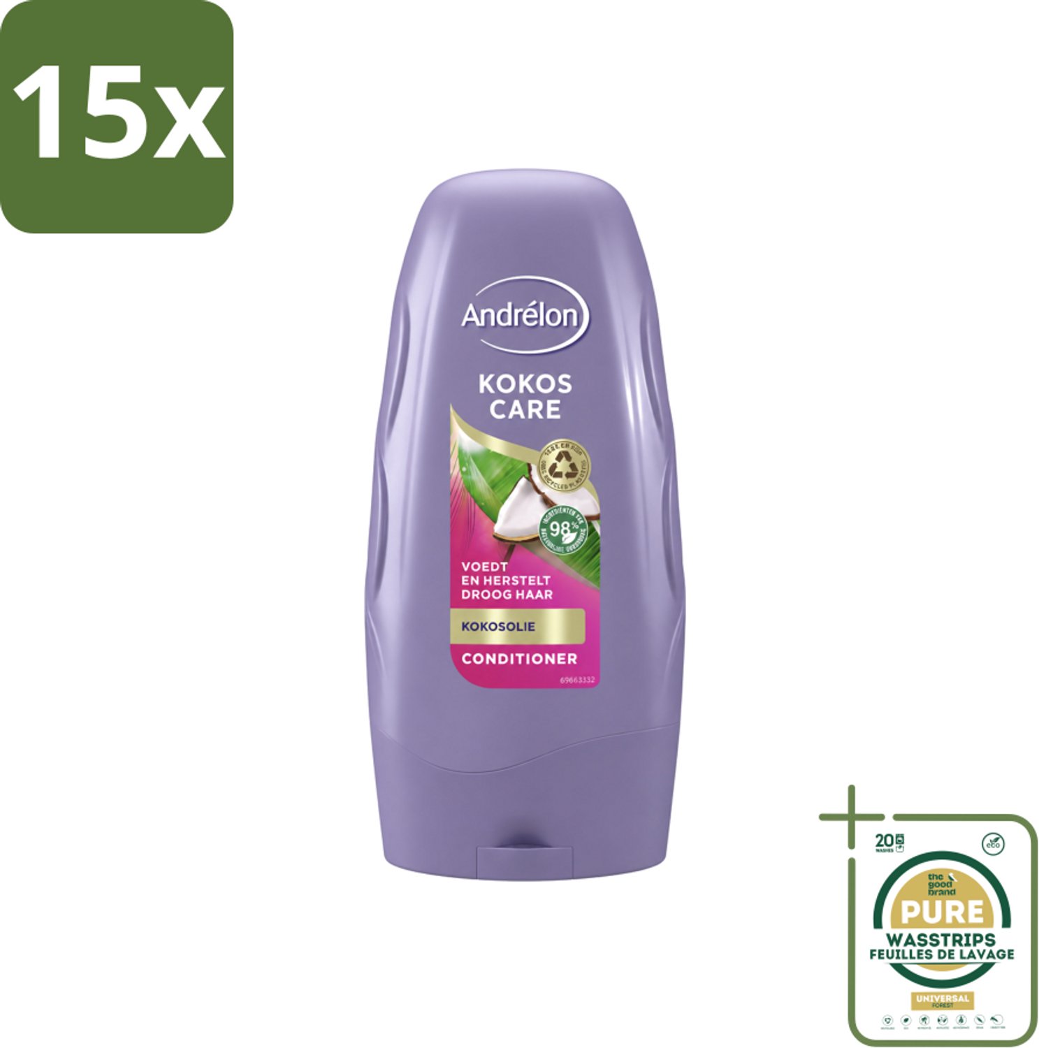15 x Andrélon - Kokos Care - Conditioner - Diepe Hydratatie - 250 ml - Wasstrips - Droog Haar - Beschadigd Haar - Kokosolie - Kokosmelk - Hydraatatie