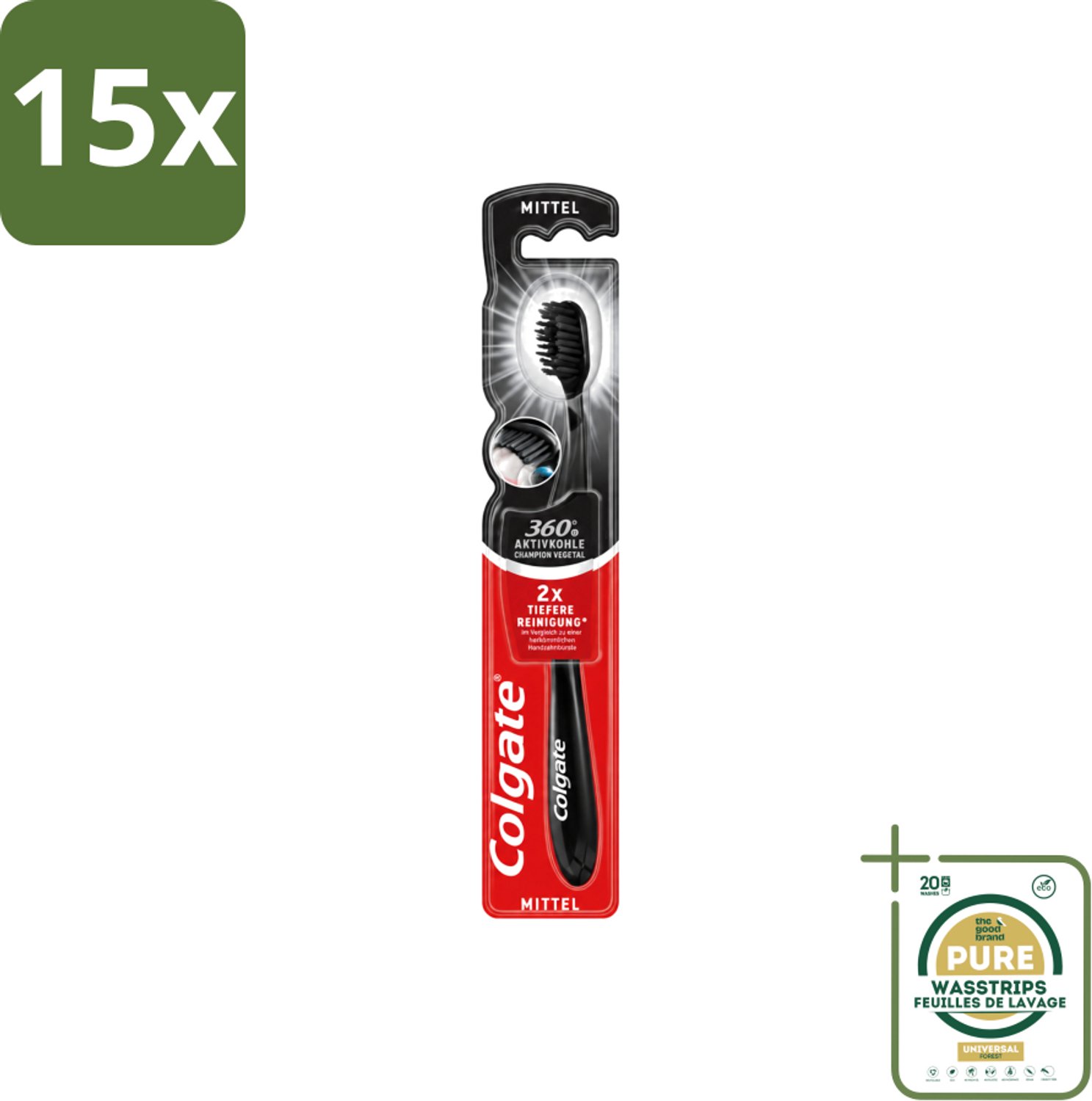 15 x Colgate - Tandenborstel - Charcoal Black 360 Medium - Zwart - 1 Tandenborstel - Wasstrips - Tandenborstel - Houtskool - Tandenborstel Houtskool - Mondverzorging - Tandenborstel 360