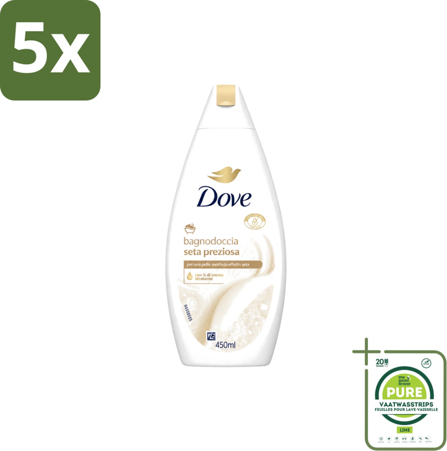 5 x Dove – Douchegel – Nourishing Silk – 450 ml - Grootverpakking - Vaatwasstrips - Douchegel Zijdezacht - Huid Verzorging - Schuim Douchegel - Mild Reinigen - Huid Comfortabel
