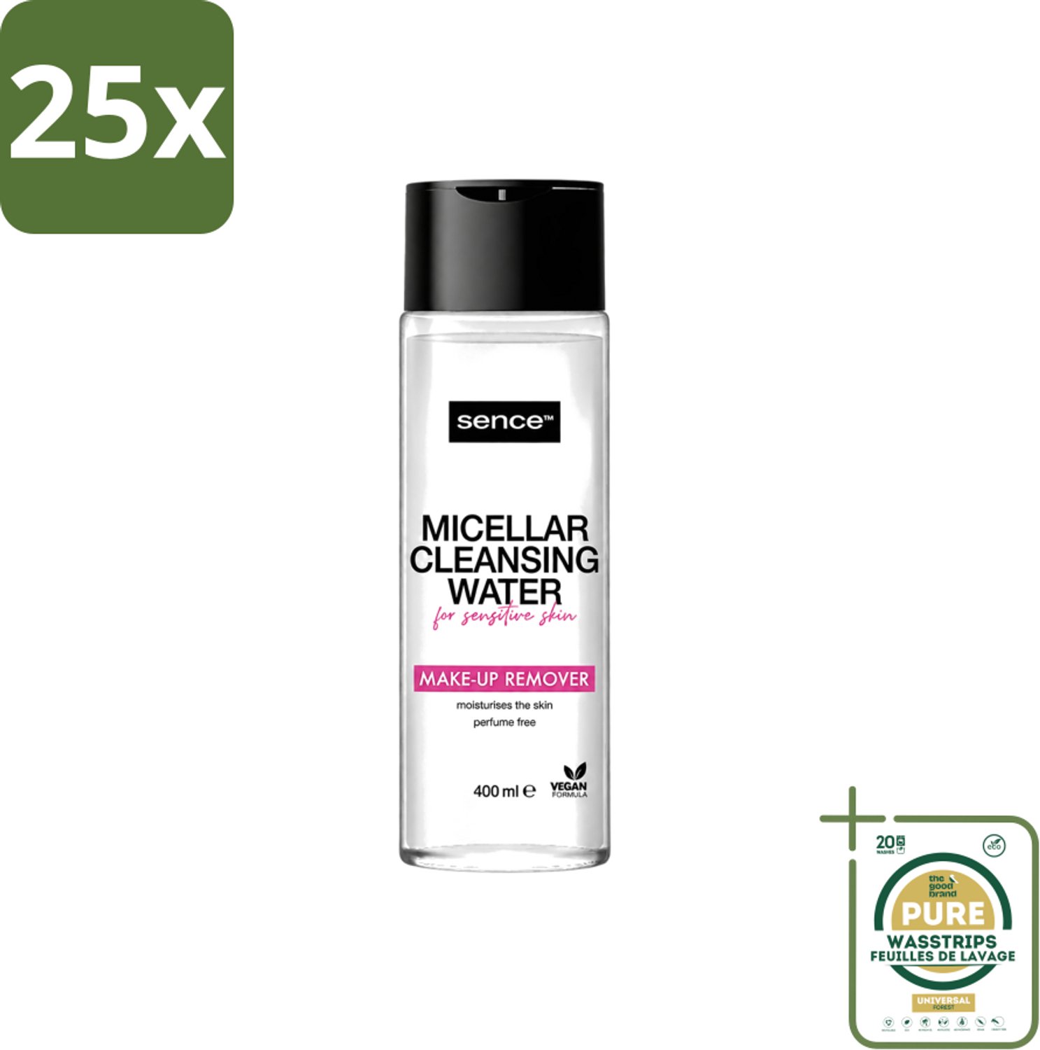 25 x Sence - Gevoelige Huid - Micellair Water - Make-up Remover - 400 ml - Wasstrips - Gevoelige Huid - Make-up Remover - Micellair Water - Hypoallergenisch - Parfumvrij