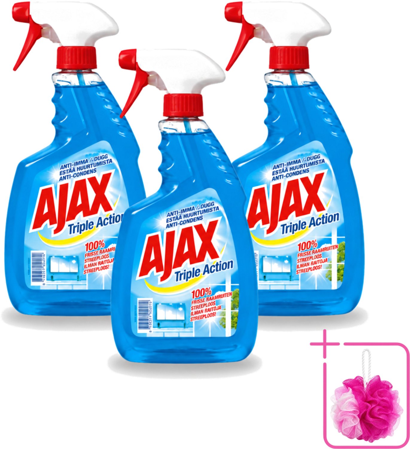 3 x Ajax - Glasreiniger Spray - Triple Action - Streeploos Schoon - Anti-Condens - 750 ml - Bulkverpakking - Glas reinigen - Douchemop - Ramen reinigen