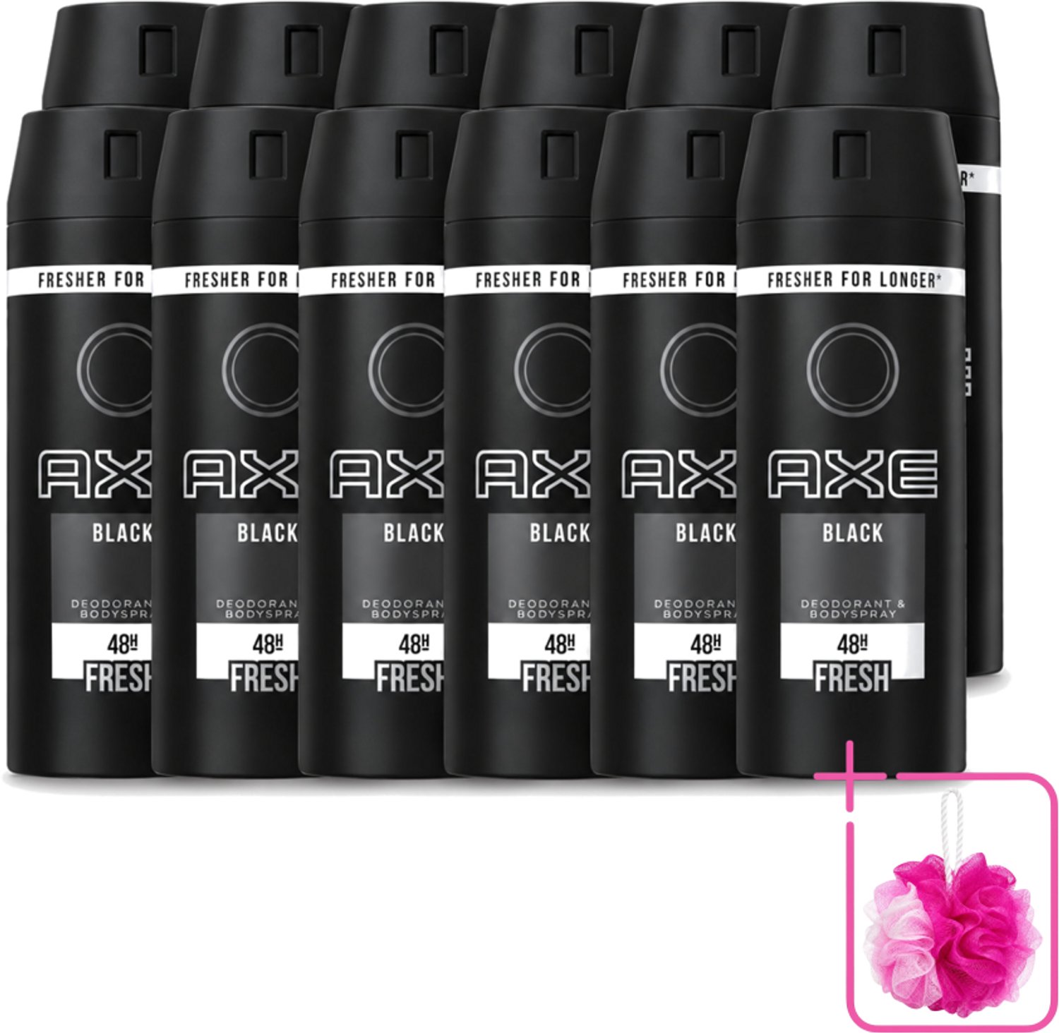 12 x Axe - Deodorant Bodyspray - 48hrs Fresh - Black - 150 ml - Bulkverpakking - Axe Deo - Douchemop - Zweetgeur