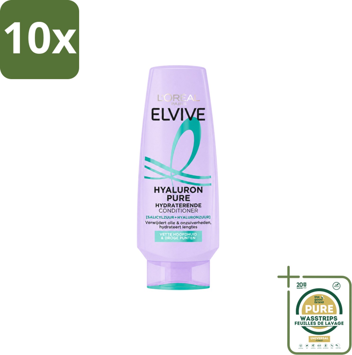 10 x L’Oréal Paris Elvive – Conditioner – Hyaluron Pure – Vette Hoofdhuid & Droge Punten – 200 ml - Wasstrips - Hyaluronzuur Conditioner - Zuiverende Conditioner - Vet Haar Conditioner - Droge Punten Conditioner - Hydraterende Conditioner