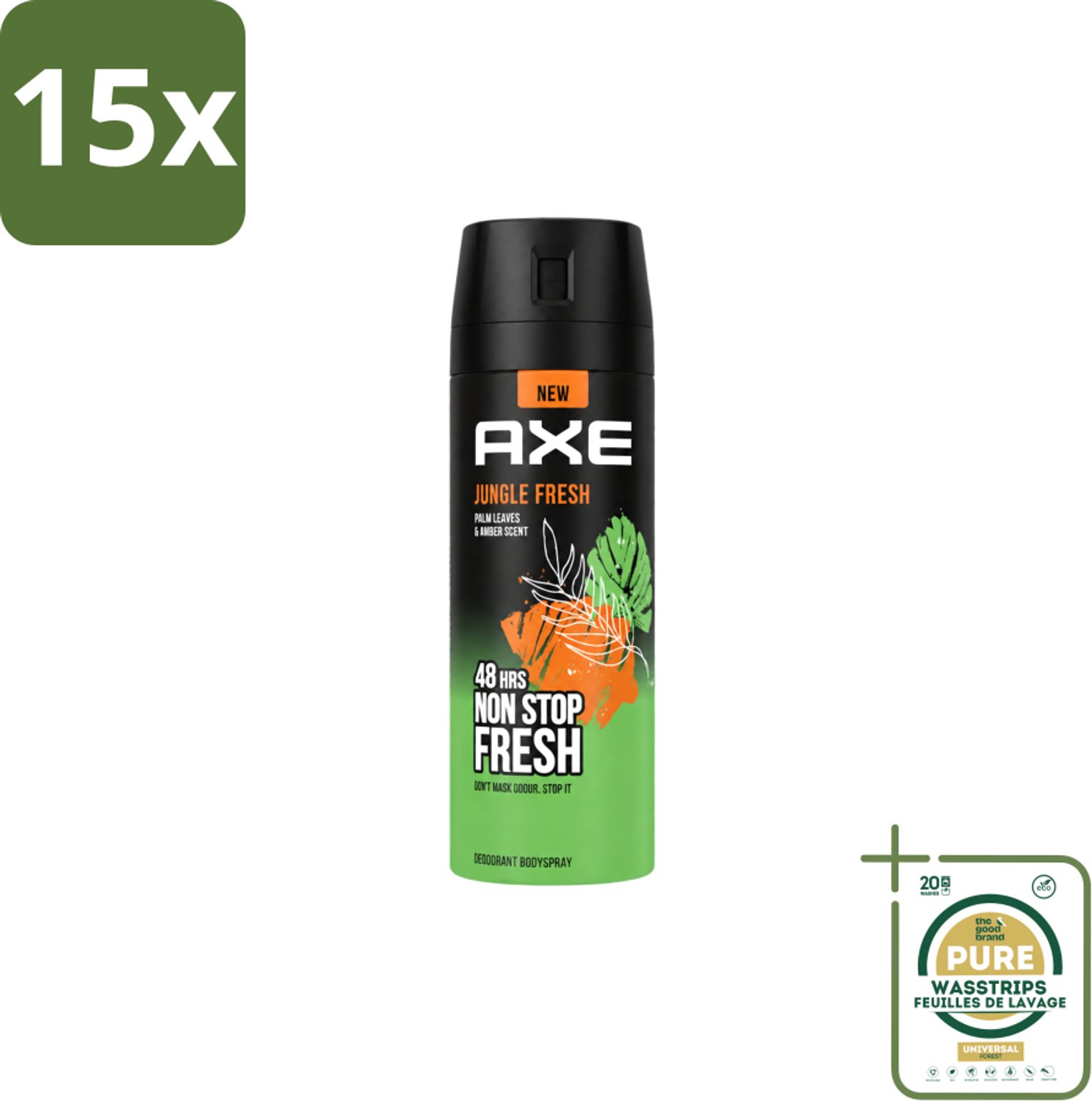 15 x Axe – Deodorant Bodyspray – Jungle Fresh – 150 ml - Wasstrips - Deodorant Bodyspray - Frisse Geur - 48 Uur Frisheid - Zinktechnologie - Palmbladeren Geur