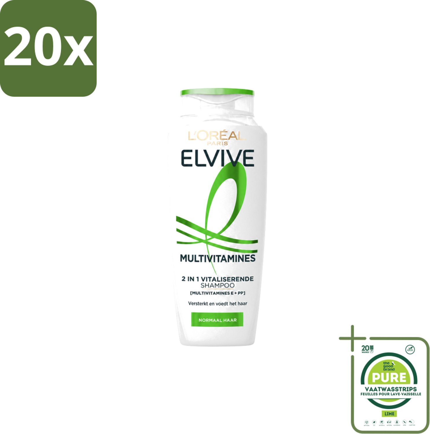 20 x L’Oréal Paris Elvive – Shampoo – Multivitamines 2-in-1 – 250 ml - Grootverpakking - Vaatwasstrips - Haarverzorging - Krachtig Haar - Vitaliteit Haar - Multivitamine Shampoo - 2-in-1 Shampoo