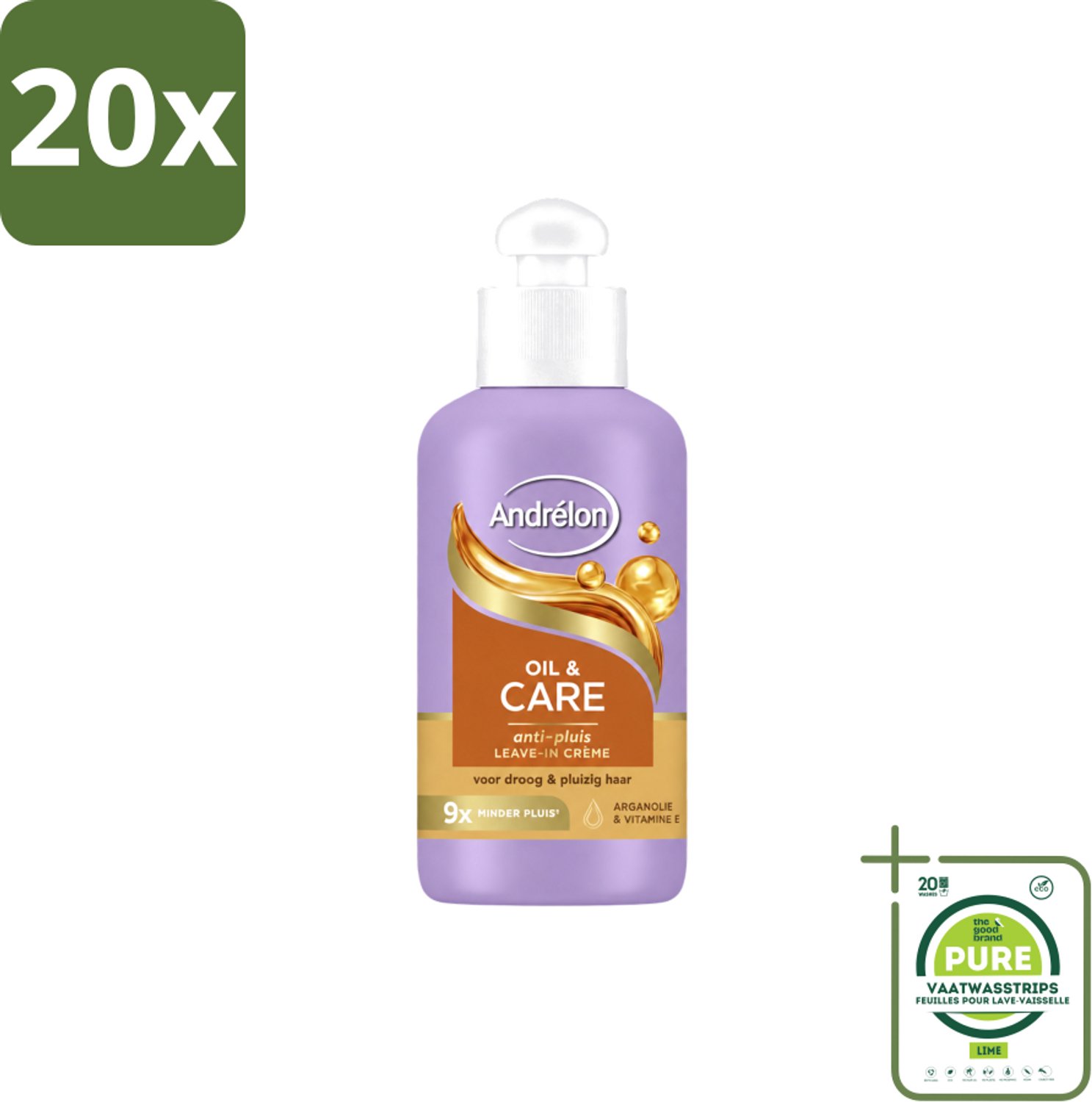 20 x Andrélon – Leave-In Crème – Oil & Care – 200 ml - Grootverpakking - Vaatwasstrips - Haarkruid - Anti-pluis - Voeding Haar - Pluiscontrole - Arganolie