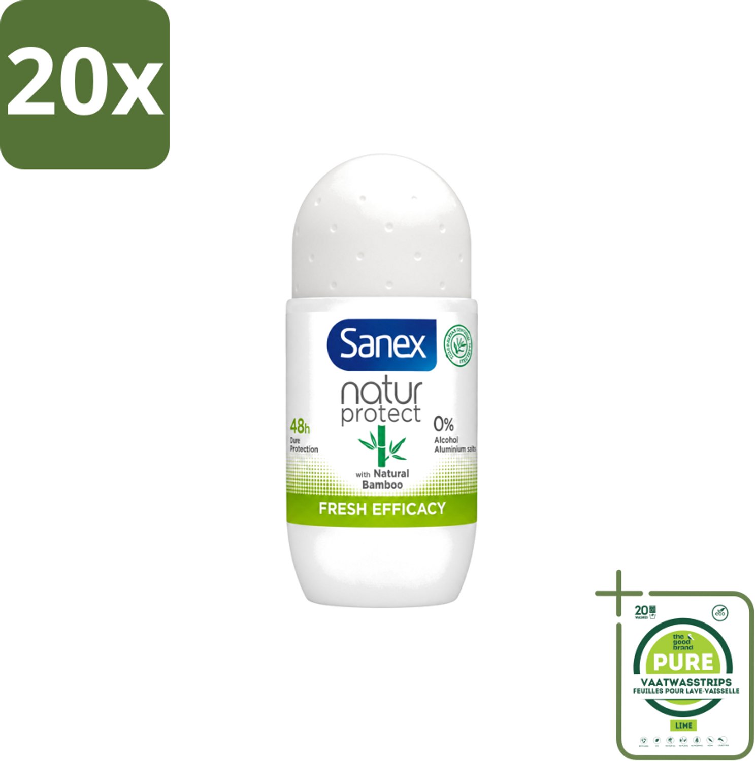 20 x Sanex – Deo Roll-on – Bamboo Fresh Efficacy – 50 ml - Grootverpakking - Vaatwasstrips - Deodorant Roll-on - Bamboe Geur - Natuurlijke Frisheid - Huidcomfort - Geurcontrole