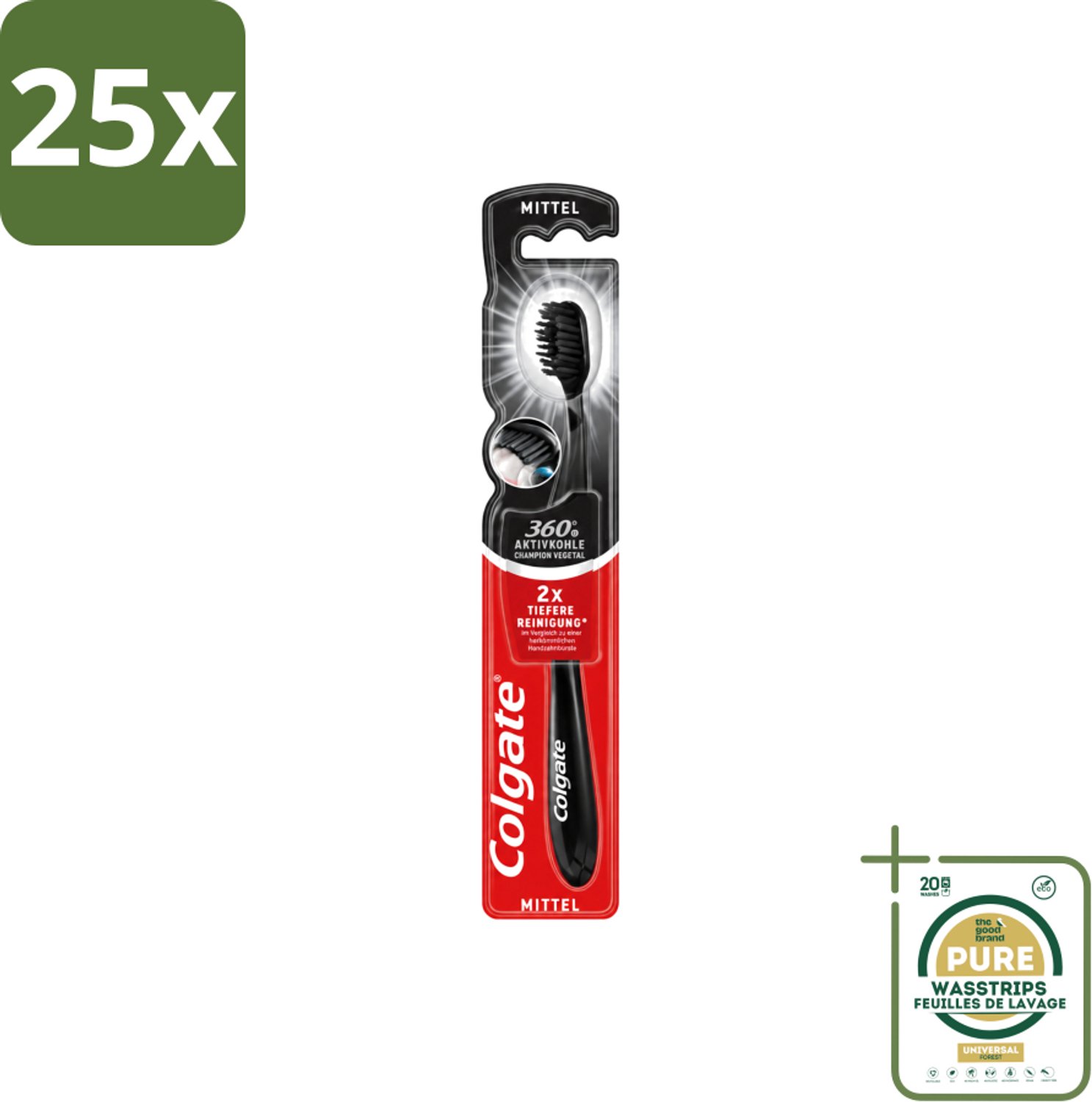 25 x Colgate - Tandenborstel - Charcoal Black 360 Medium - Zwart - 1 Tandenborstel - Wasstrips - Tandenborstel - Houtskool - Tandenborstel Houtskool - Mondverzorging - Tandenborstel 360