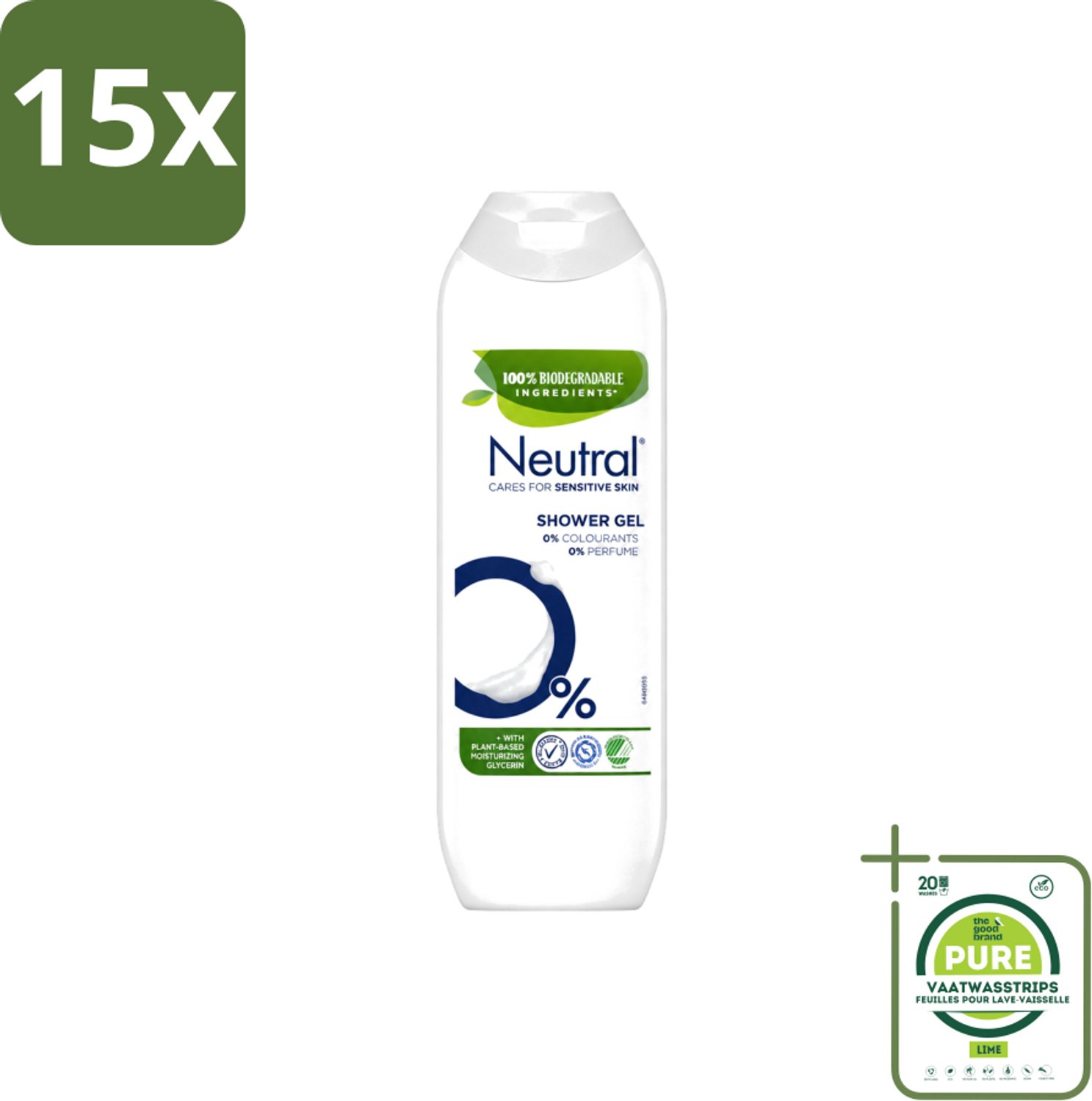 15 x Neutral – Douchegel – Parfumvrij – 250 ml - Grootverpakking - Vaatwasstrips - Gevoelige Huid - Douchegel - Parfumvrij - Allergie - Huidverzorging