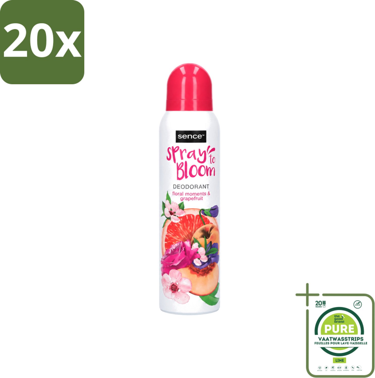 20 x Sence - Floral & Grapefruit - Deodorant - Fris & Fruitig - 150 ml - Grootverpakking - Vaatwasstrips - Frisheid - Fruitige Geur - Deodorant - Bloemige Geur - Grapefruit
