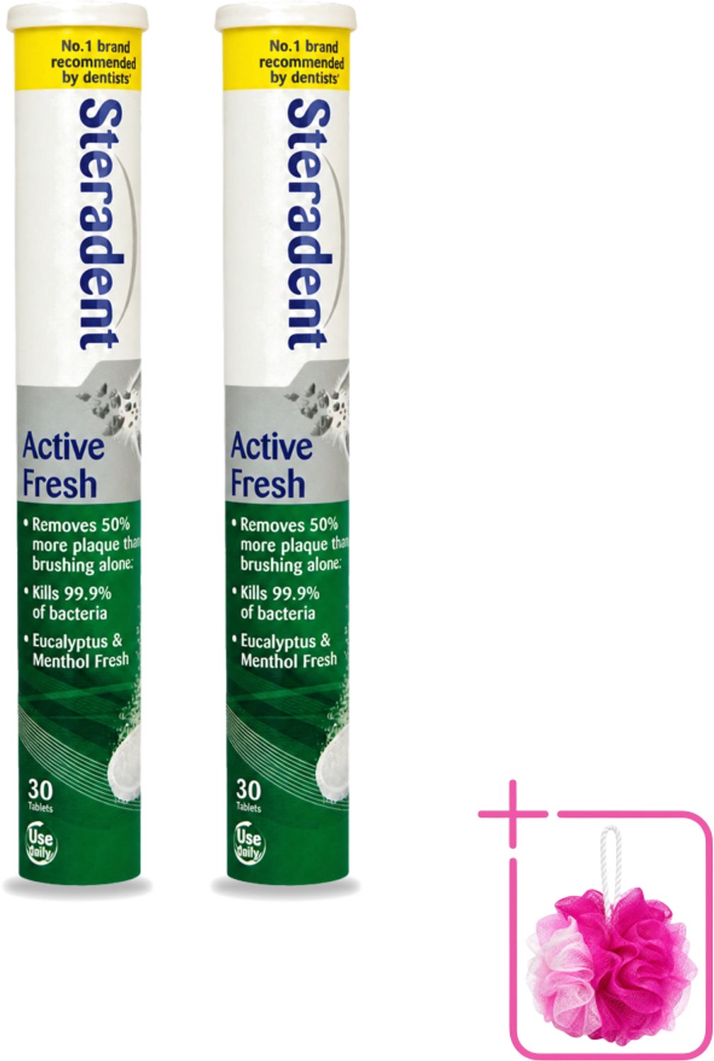 2 x Steradent - Reinigingstabletten - Active Fresh - Voor Kunstgebitten - 30 Tabletten - Bulkverpakking - Kunstgebit reinigen - Douchemop - Kunstgebit reinigingstabletten