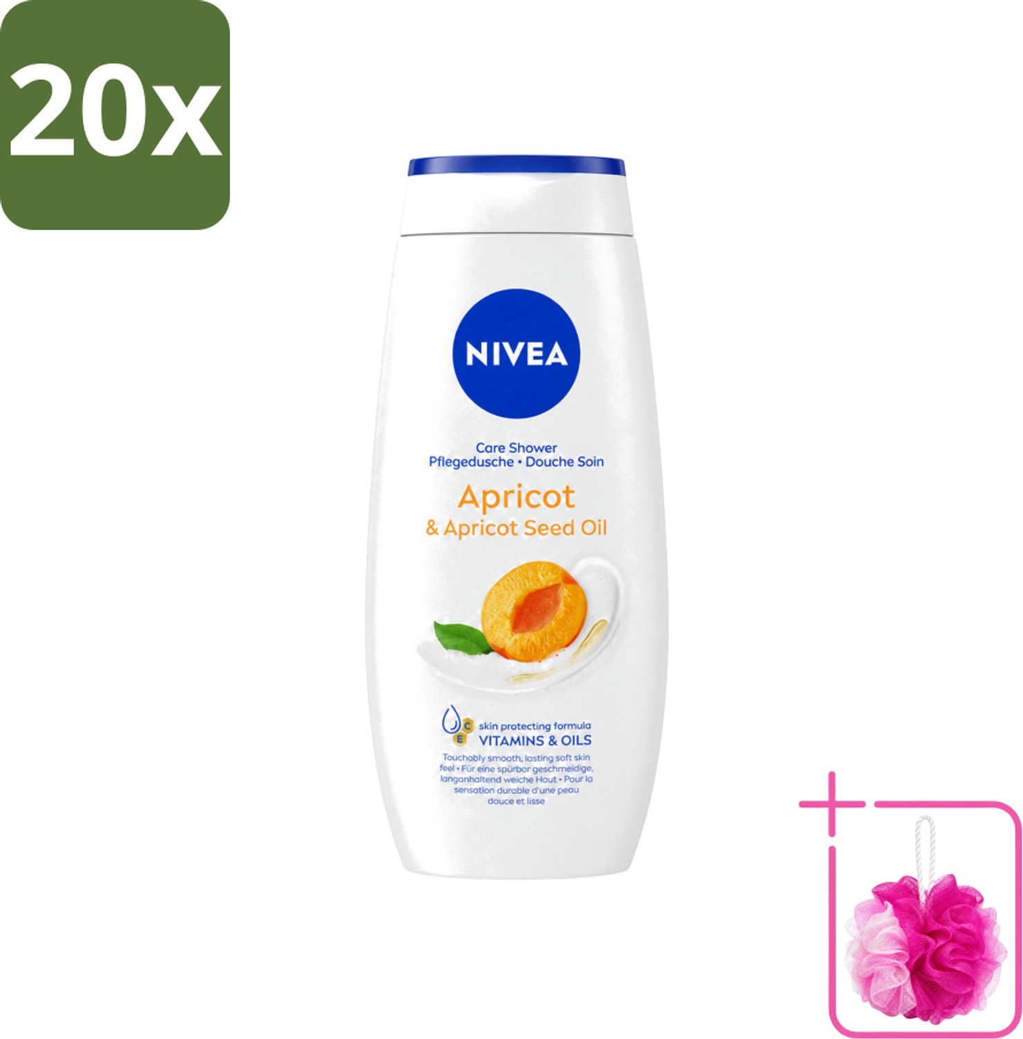 20 x Nivea - Douchegel - Soft Apricot - Huidbeschermend - 250 ml - Bulkverpakking - Douchegel - Douchemop - Huidbeschermend