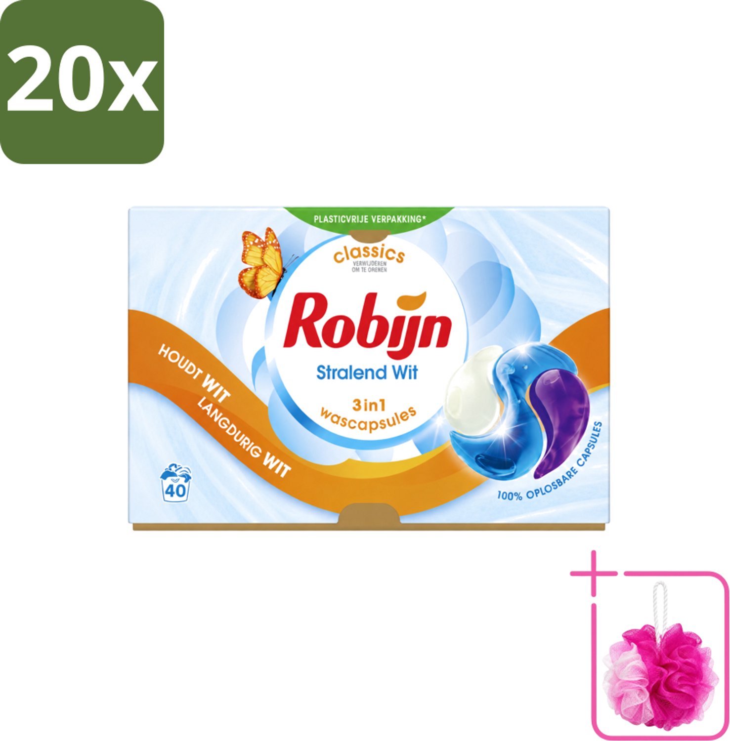 20 x Robijn - Stralend Wit - 3-in-1 Wascapsules - Houdt Langdurig Wit - 40 Wascapsules - Bulkverpakking - Wit was - Douchemop - Wascapsules