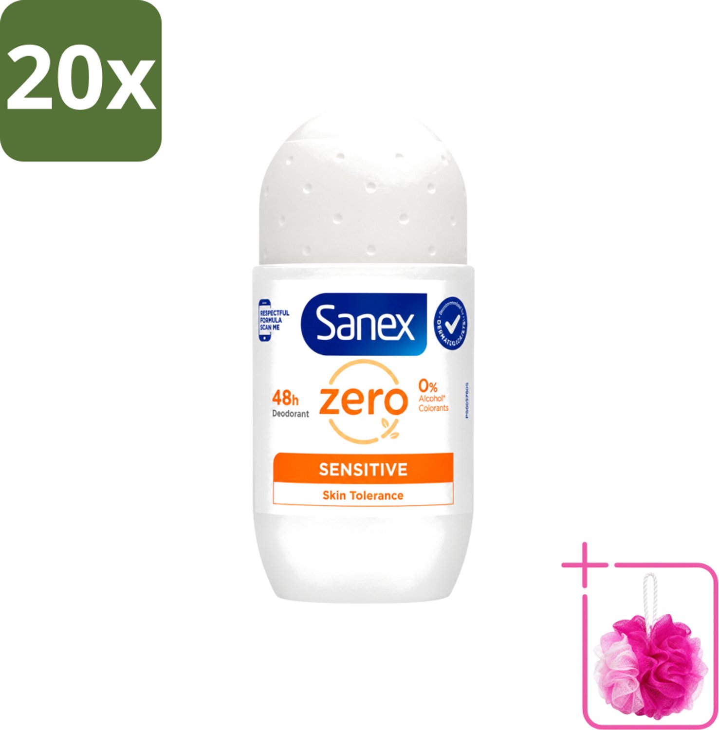 20 x Sanex - Deodorant - Roller - Zero% - Sensitive - Zonder Alcohol & Parabenen - 50 ml - Bulkverpakking - Deodorant zonder alcohol - Douchemop - Deodorant zonder parabenen