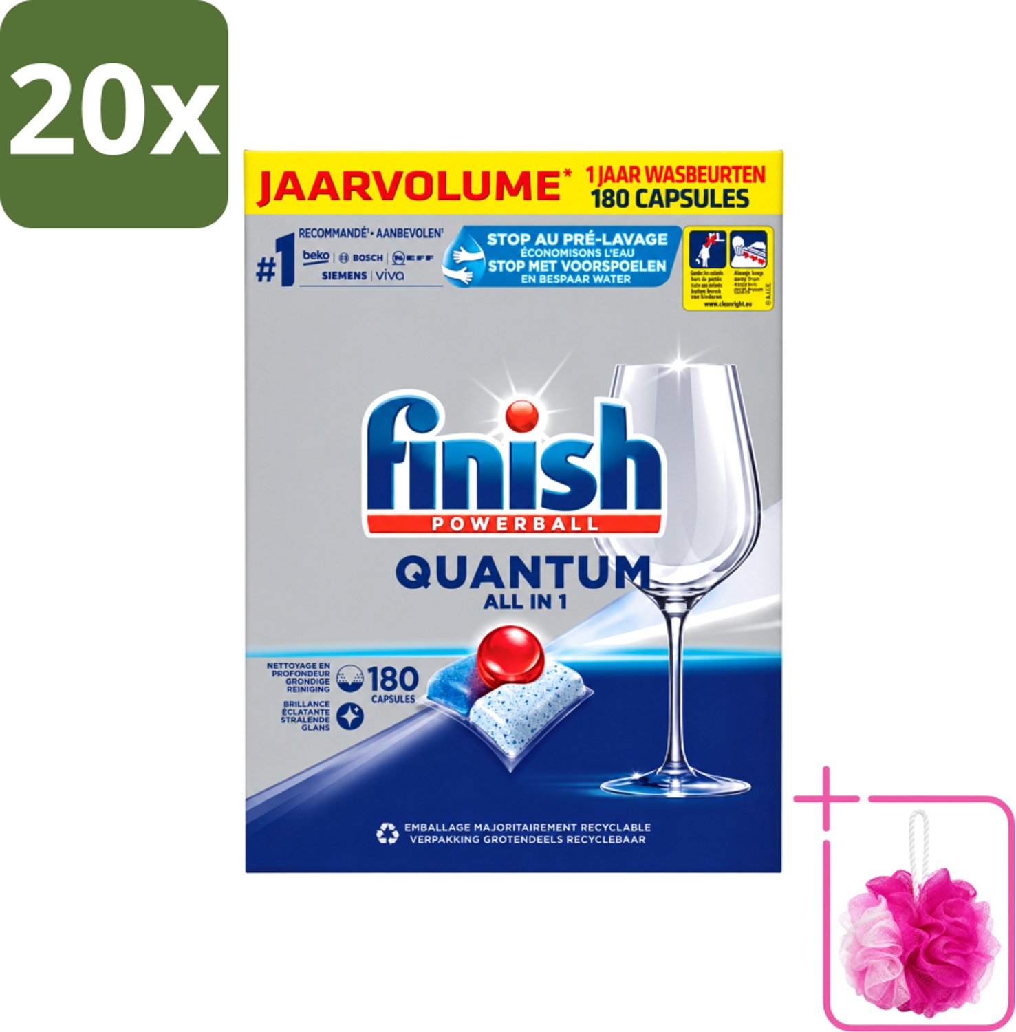 20 x Finish Powerball - Quantum All in 1 - Vaatwastabletten - 180 Tabletten - Bulkverpakking - Vaatwassen - Douchemop - Vaatwastabletten