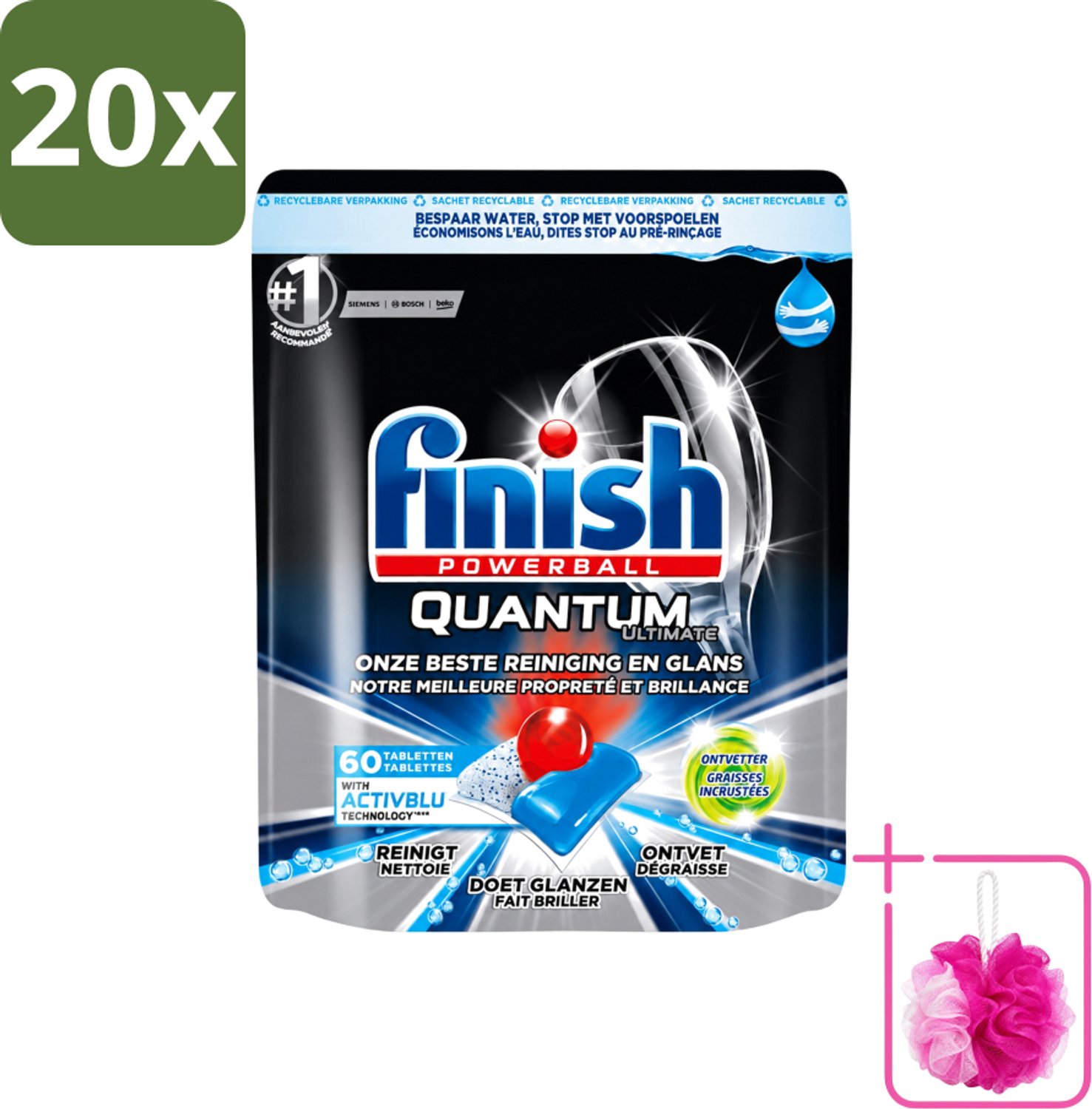 20 x Finish Powerball - Quantum Ultimate - Vaatwastabletten - Ontvetter - 60 Tabletten - Bulkverpakking - Vaatwasmiddel - Douchemop - Vaatwastablet