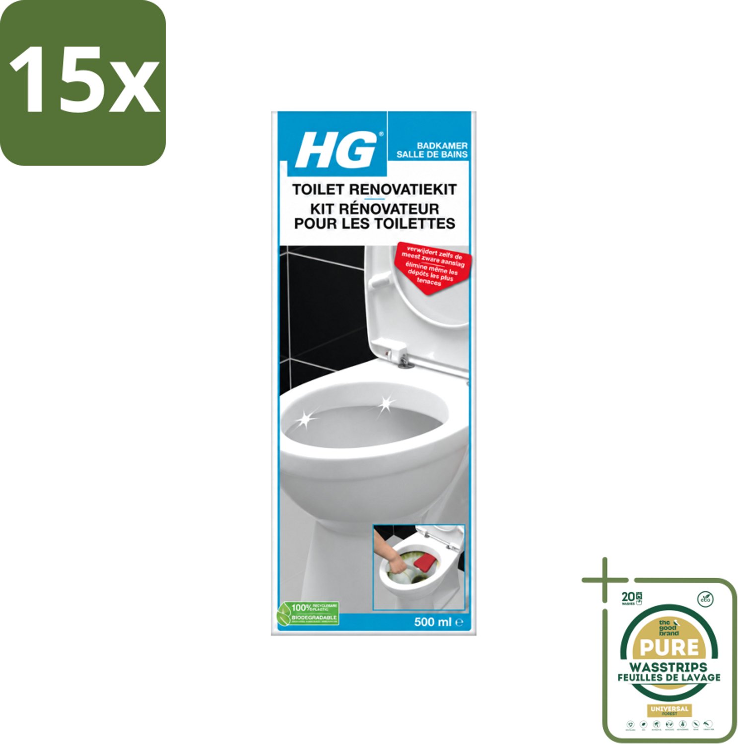 15 x HG - Badkamer - Toilet Renovatiekit - Verwijdert De Meest Zware Uitslag - 500 ml - Wasstrips - Toilet Renovatie - Toilet Reinigen - Aanslag Verwijderen - Kalk Verwijderen - Urinesteen Verwijderen