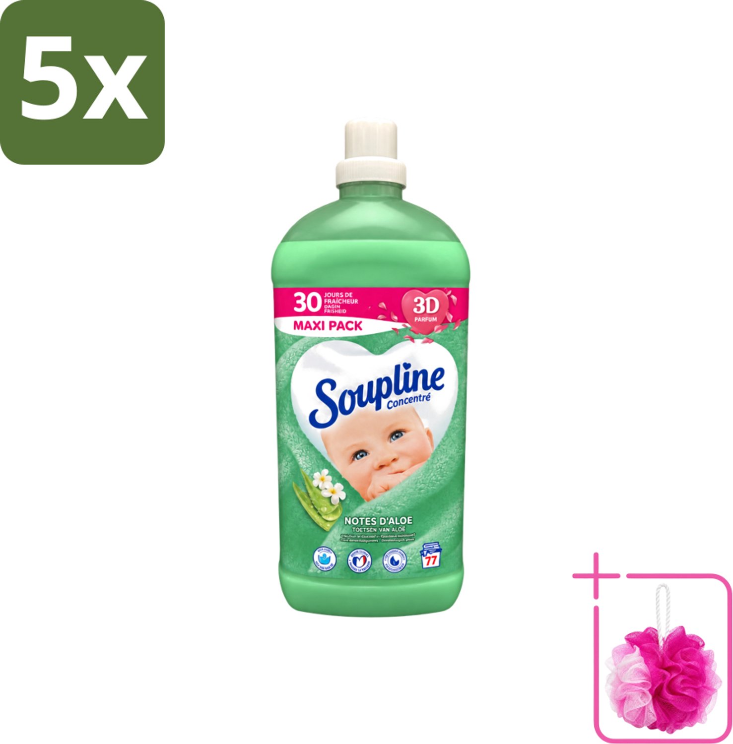 5 x Soupline - Wasverzachter - Aloë Vera Concentraat - 77 Wasbeurten - Bulkverpakking - Wasverzachter aloë vera - Douchemop - Wasverzachter voor kleding
