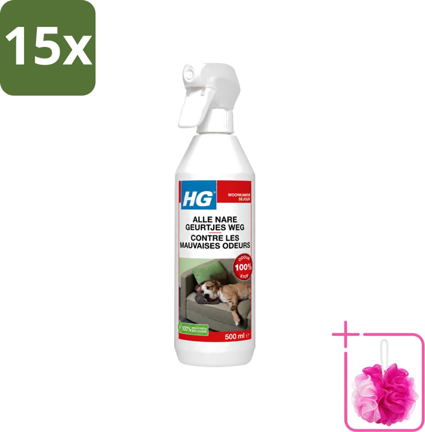 15 x HG - Alle Nare Geurtjes Weg Spray - Elimineert Stankmoleculen - Biologisch - 500 ml - Bulkverpakking - Geur stopper - Douchemop - Stankverwijderaar