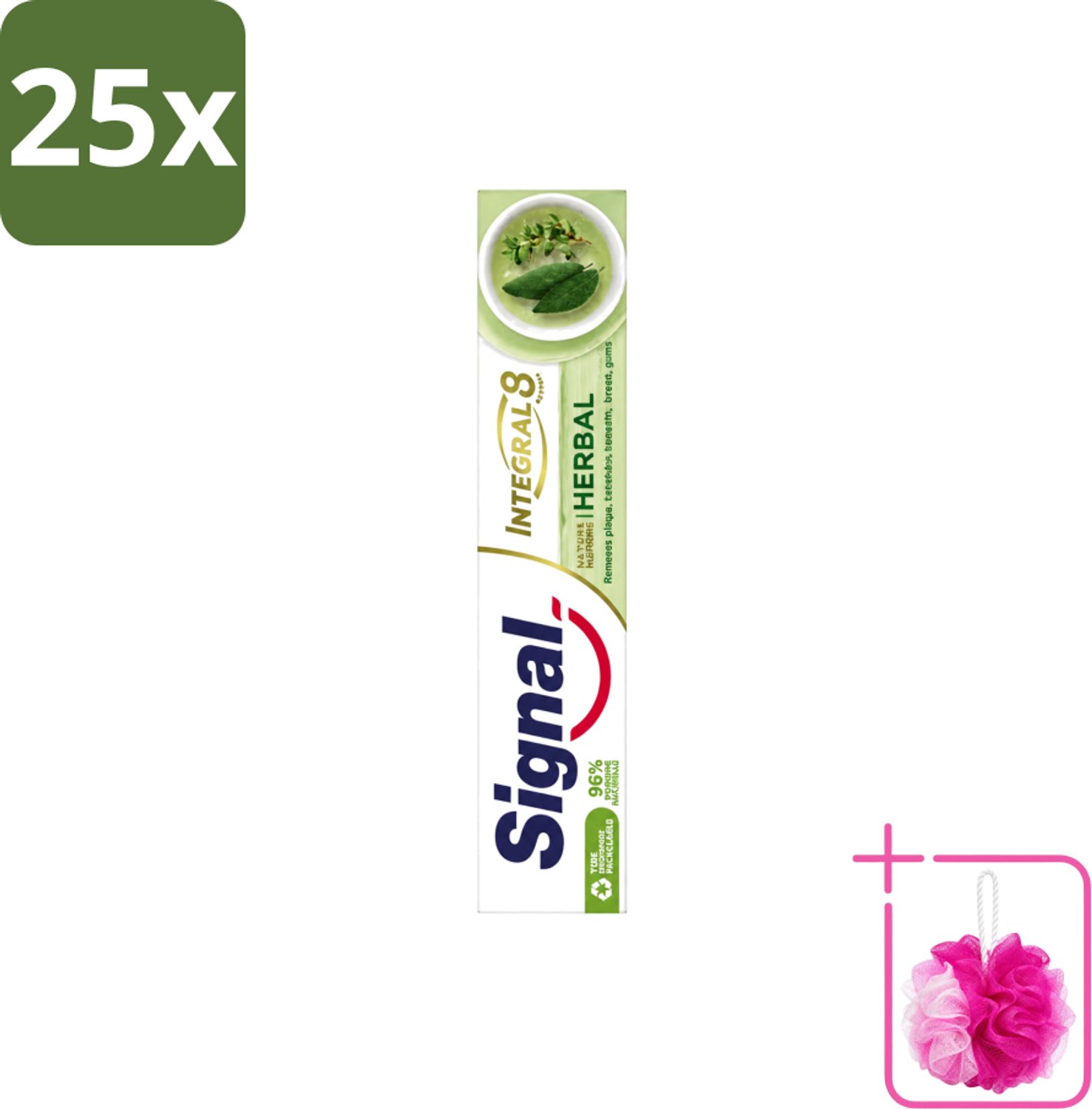 25 x Signal - Integral & Actions - Tandpasta - Natuurlijke Kruiden - Gerecyclede Verpakking - 75 ml - Bulkverpakking - Tandpasta - Douchemop - Natuurlijke kruiden