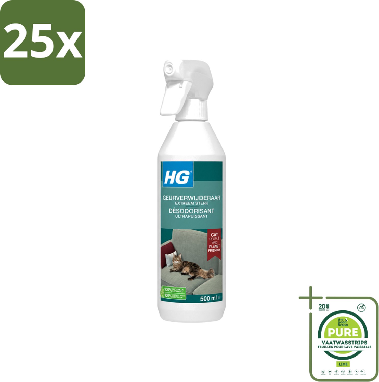 25 x HG - Geurverwijderaar - Extreem Sterk - Tegen Kattengeuren - 100% Biologisch - 500 ml - Grootverpakking - Vaatwasstrips - Geurverwijderaar Kat - Kattengeur - Geurverwijderaar - Geurverwijderaar Katten - Geurverwijderaar 500 Ml