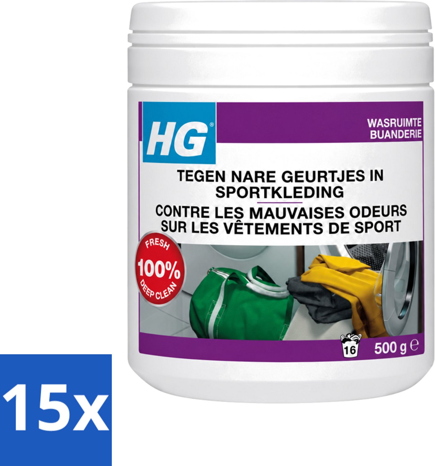 15 x HG - Wasruimte - Tegen Nare Geurtjes In Sportkleding - Wasmiddeltoevoeging - 500 g - Voordeelverpakking - 15 stuks