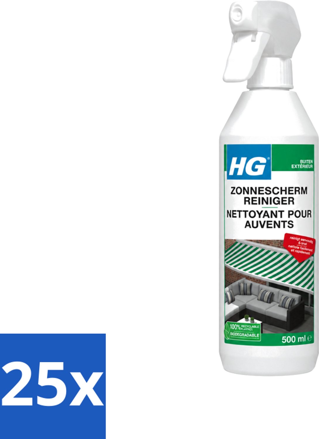 25 x HG - Buiten - Zonneschermreiniger - Reinigt Eenvoudig & Snel - 500 ml - Voordeelverpakking - 25 stuks