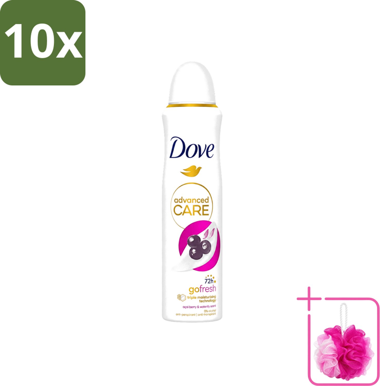 10 x Dove - Deospray - Acai Bes & Waterlelie - 150 ml - Bulkverpakking - Acai Bes & Waterlelie Deospray - Douchemop - Deospray oksels