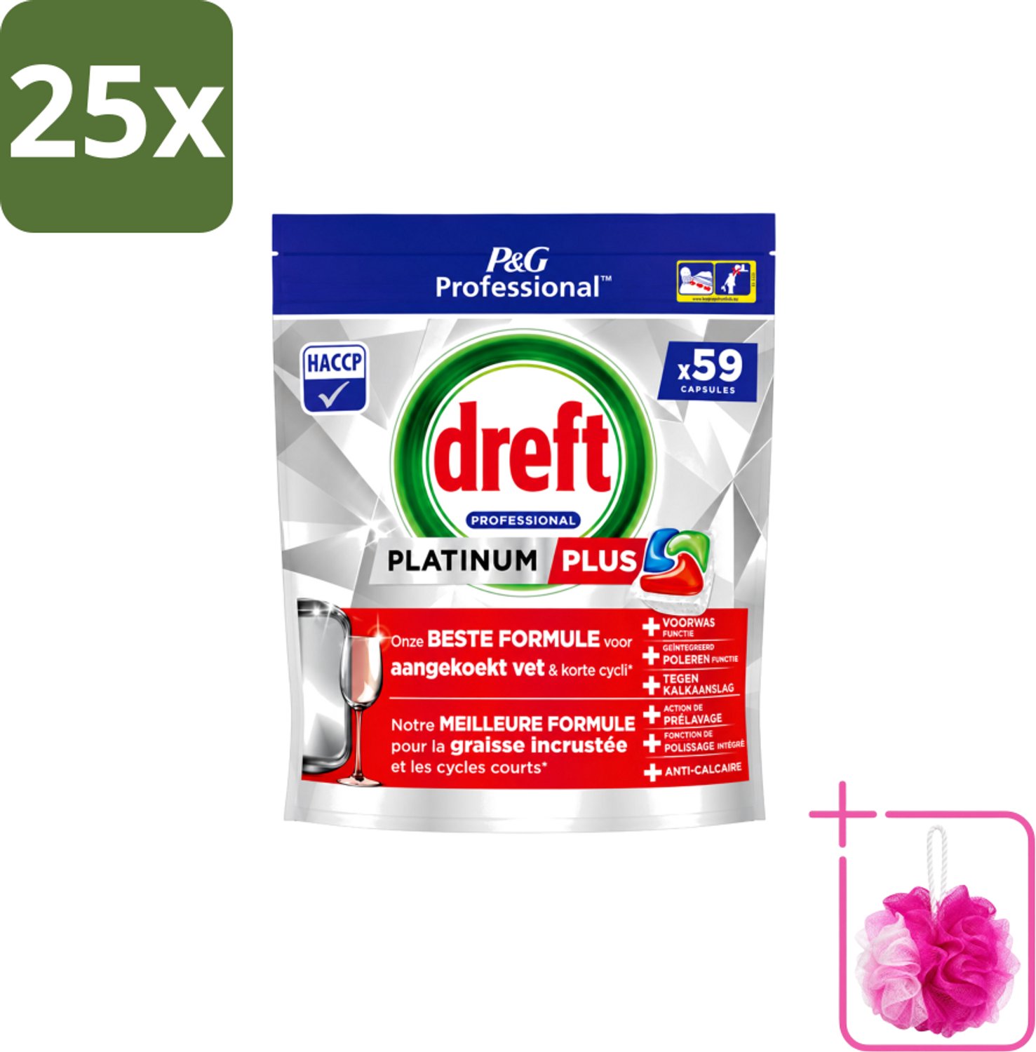 25 x Dreft – Vaatwastabletten – Platinum+ Regular – 59 Tabletten - Bulkverpakking - Handafwasmiddel - Douchemop - Handafwas