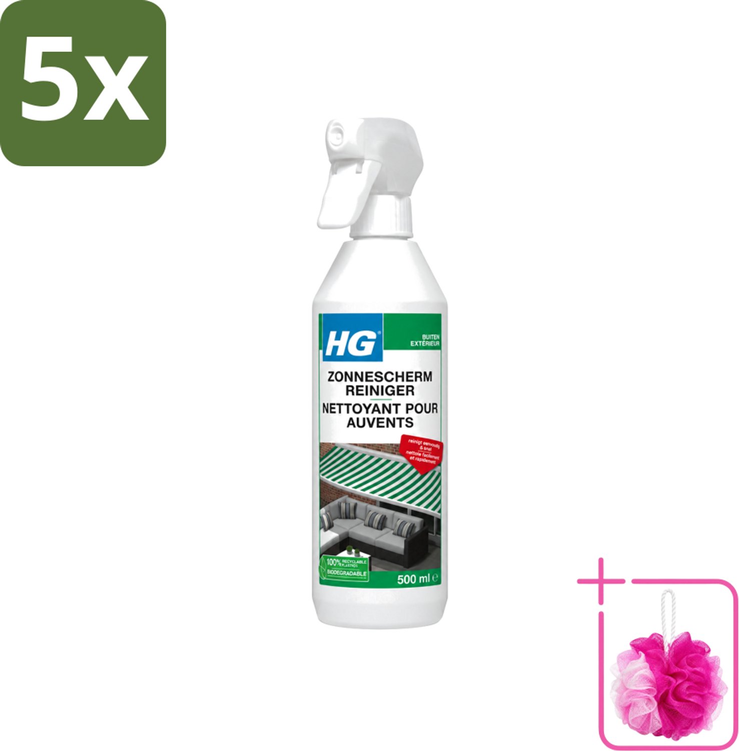 5 x HG - Buiten - Zonneschermreiniger - Reinigt Eenvoudig & Snel - 500 ml - Bulkverpakking - Zonnescherm reinigen - Douchemop - Buitenstoffen reinigen