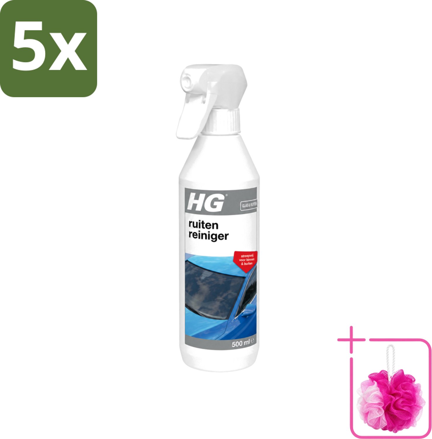 5 x HG - Ruitenreiniger - Streepvrij Voor Binnen & Buiten - 500 ml - Bulkverpakking - Ruitenreiniger - Douchemop - Ruiten reinigen
