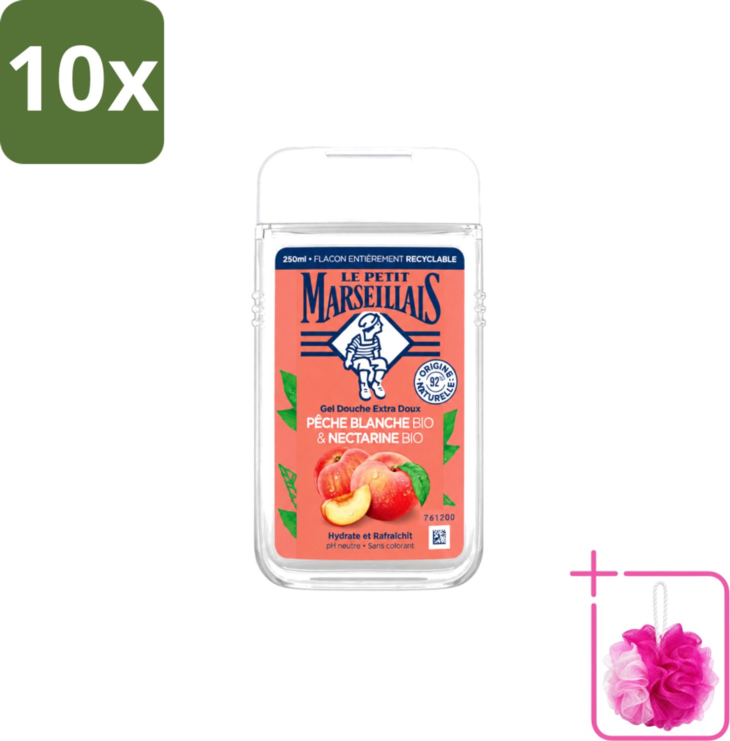 10 x Le Petit Marseillais – Douchegel – Pêche Blanche & Nectarine Bio – 250 ml - Bulkverpakking - Douchegel - Douchemop - Biologische douchegel